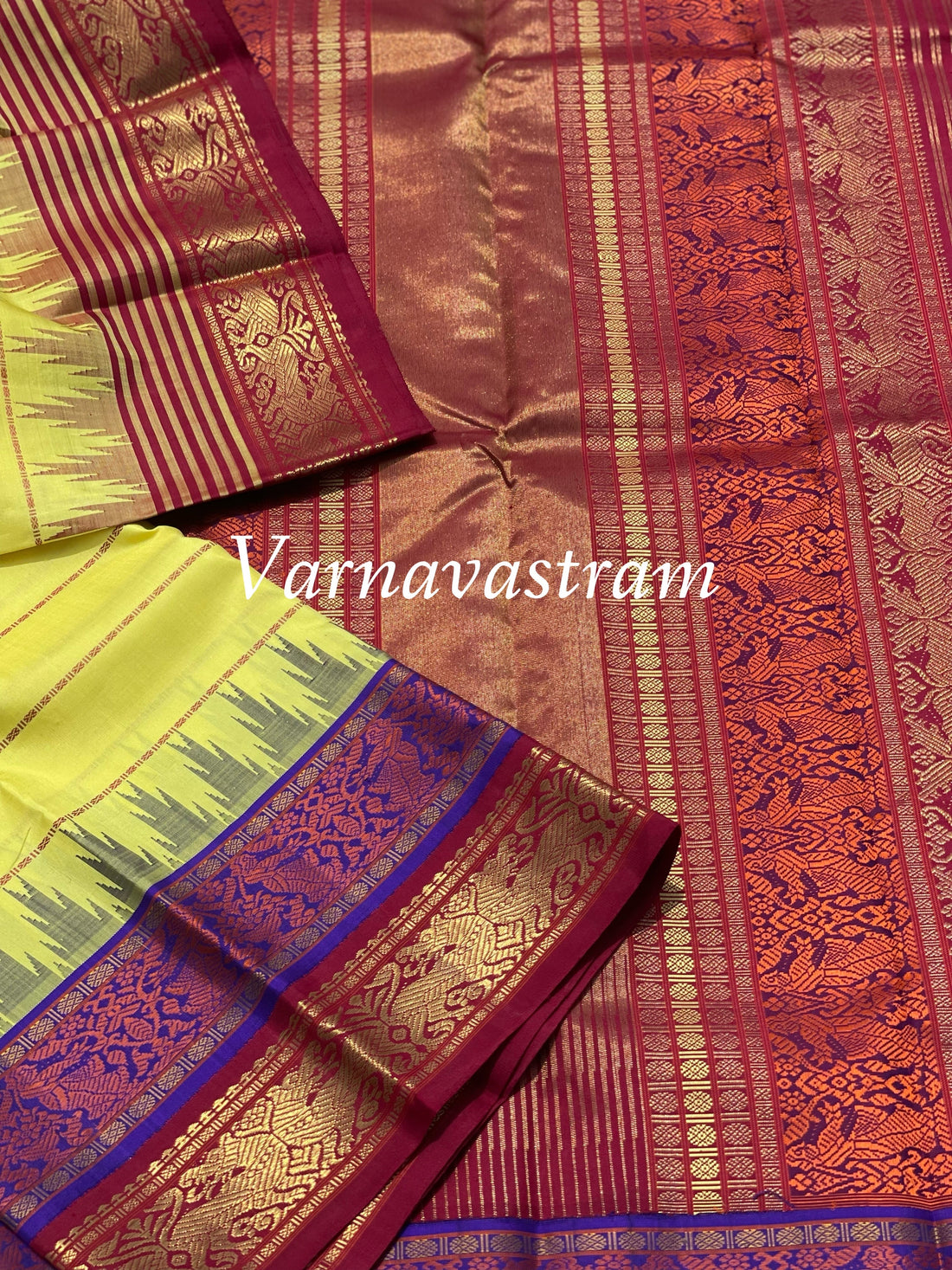 Lemon yellow with Burgundy RettaiKorvai Masterpiece Kanchivaram Silk Saree