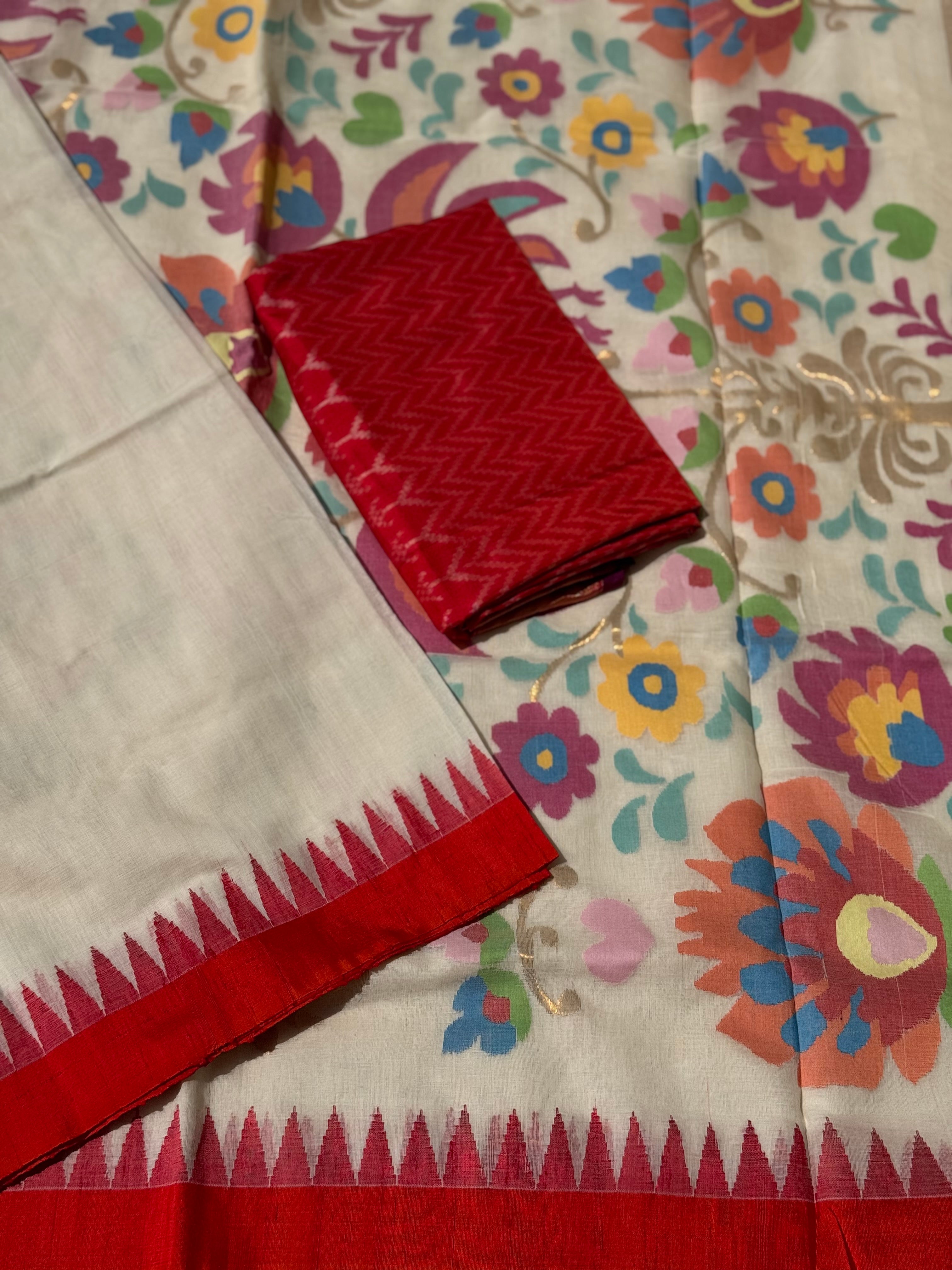 Offwhite with red Handspun Ponduru Khadhi cotton saree with pallu full jaal jamdani weave