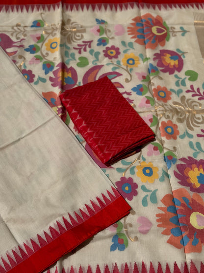 Offwhite with red Handspun Ponduru Khadhi cotton saree with pallu full jaal jamdani weave