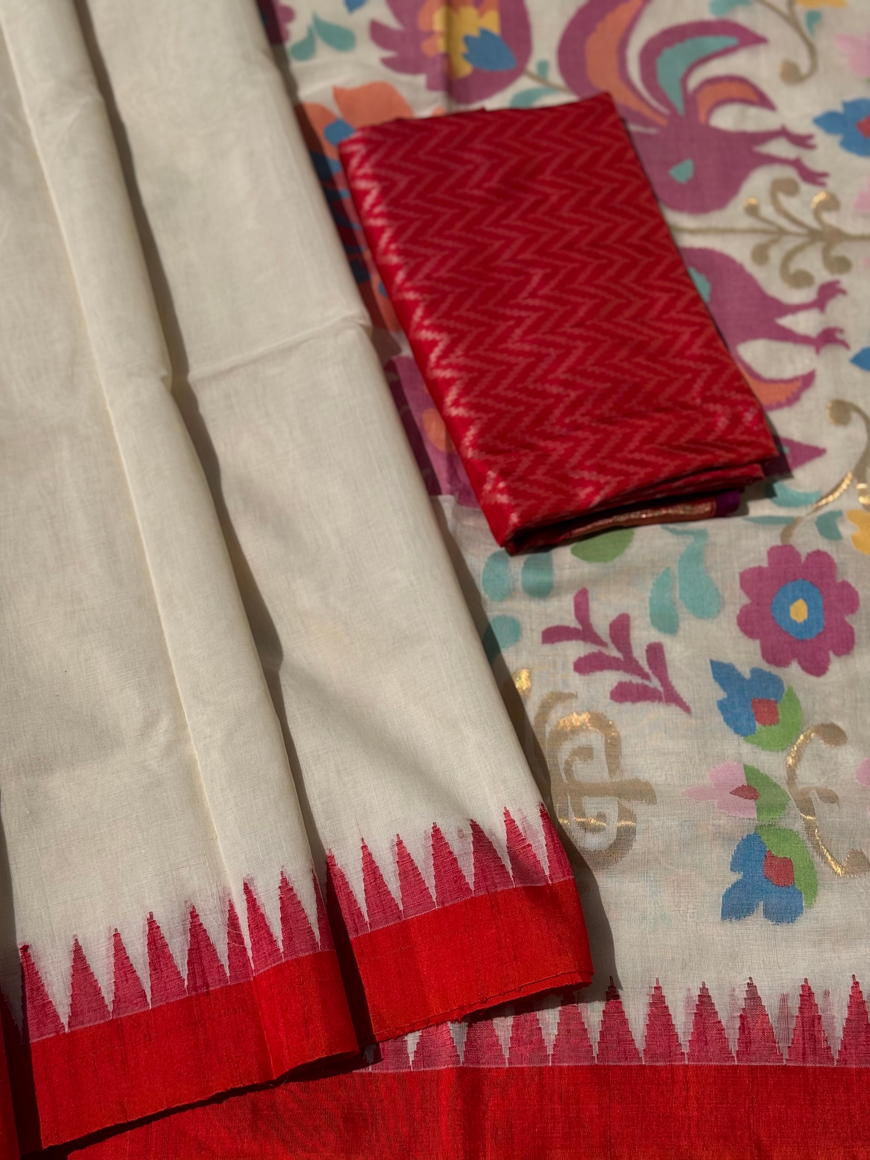 Offwhite with red Handspun Ponduru Khadhi cotton saree with pallu full jaal jamdani weave