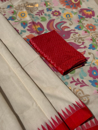 Offwhite with red Handspun Ponduru Khadhi cotton saree with pallu full jaal jamdani weave