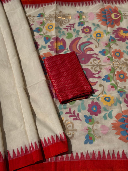 Offwhite with red Handspun Ponduru Khadhi cotton saree with pallu full jaal jamdani weave