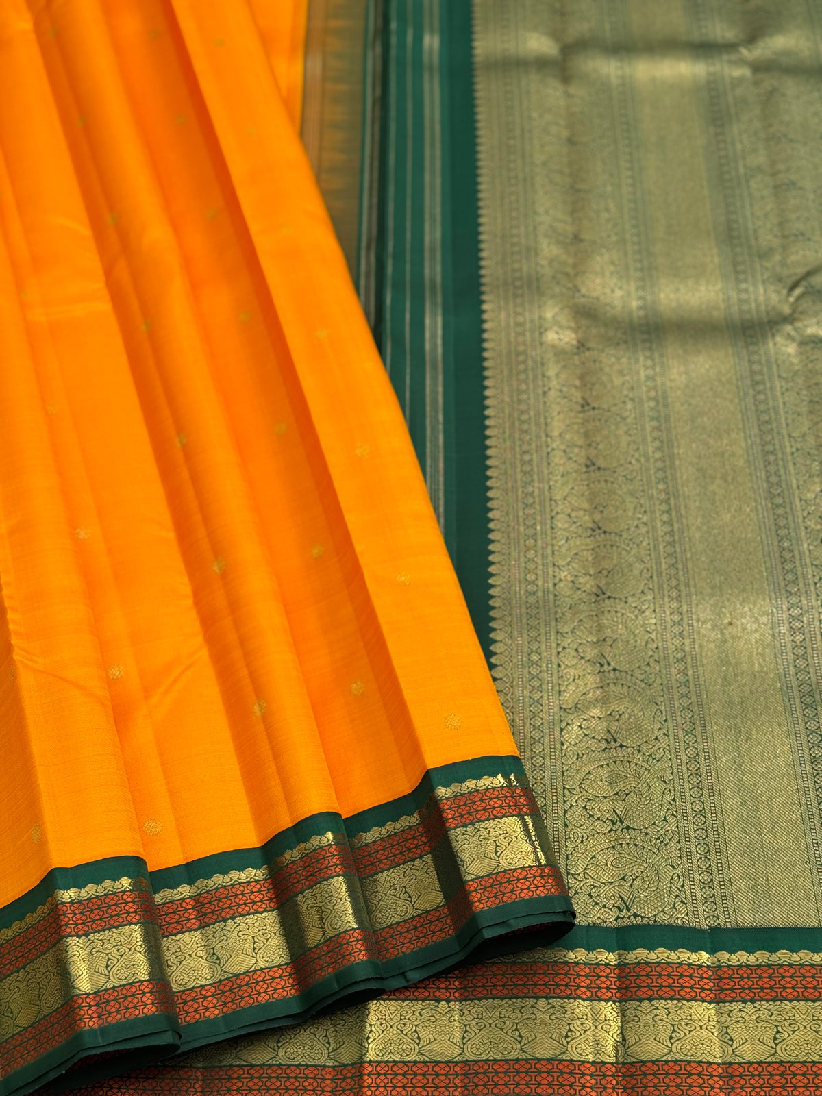 A Masterpiece kanchivaram korvai silk saree in mambazha yellow and bottle green