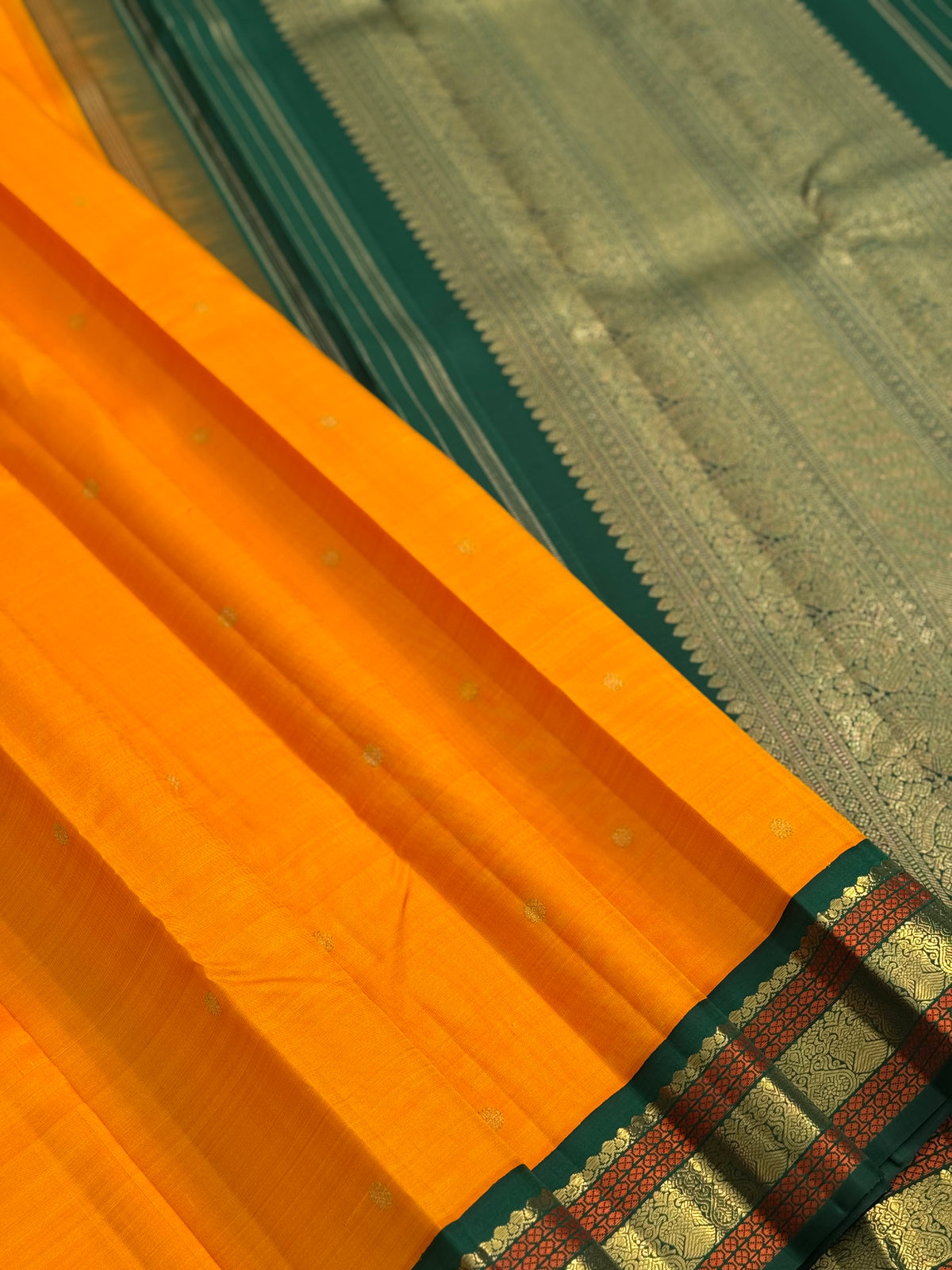 A Masterpiece kanchivaram korvai silk saree in mambazha yellow and bottle green