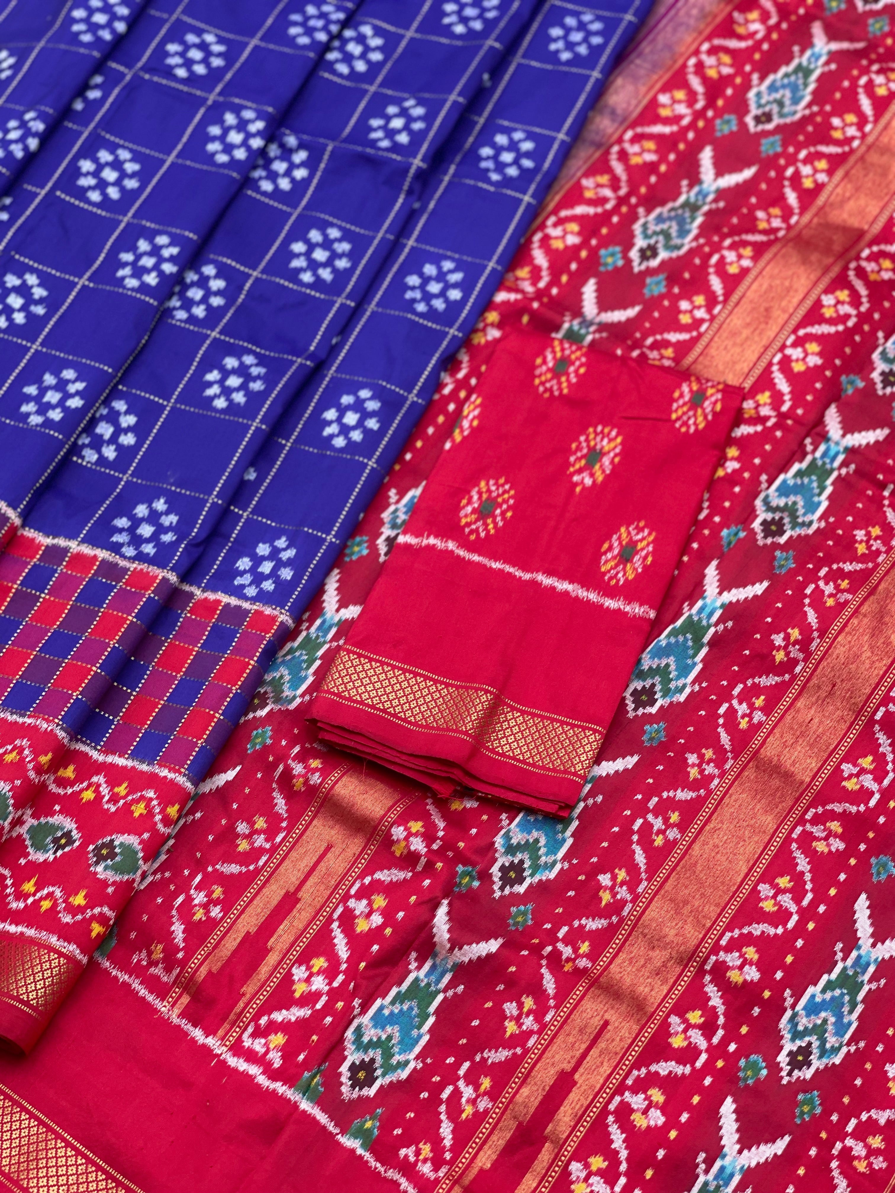 A purple blue and red silk ikkat saree with vintage kanchivaram Pettu border