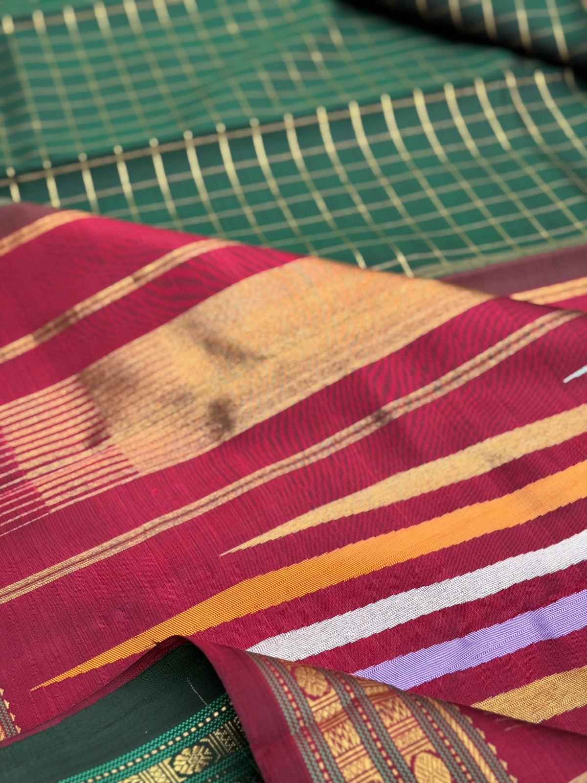 ATHIPUU Masterpiece korvai kanchivaram with A striking canvas featuring intricate Zari checks, Kairu, and Muthuseer motifs,  ettukol kanchivaram