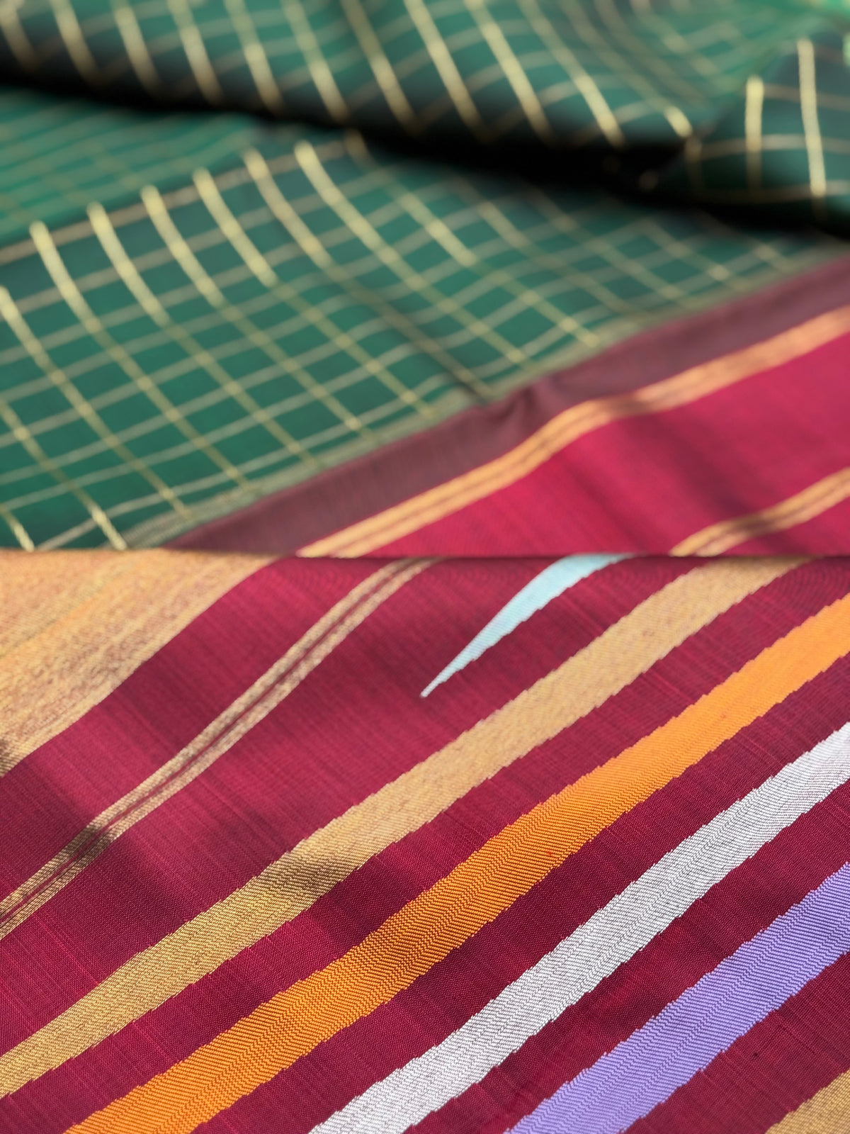 ATHIPUU Masterpiece korvai kanchivaram with A striking canvas featuring intricate Zari checks, Kairu, and Muthuseer motifs,  ettukol kanchivaram