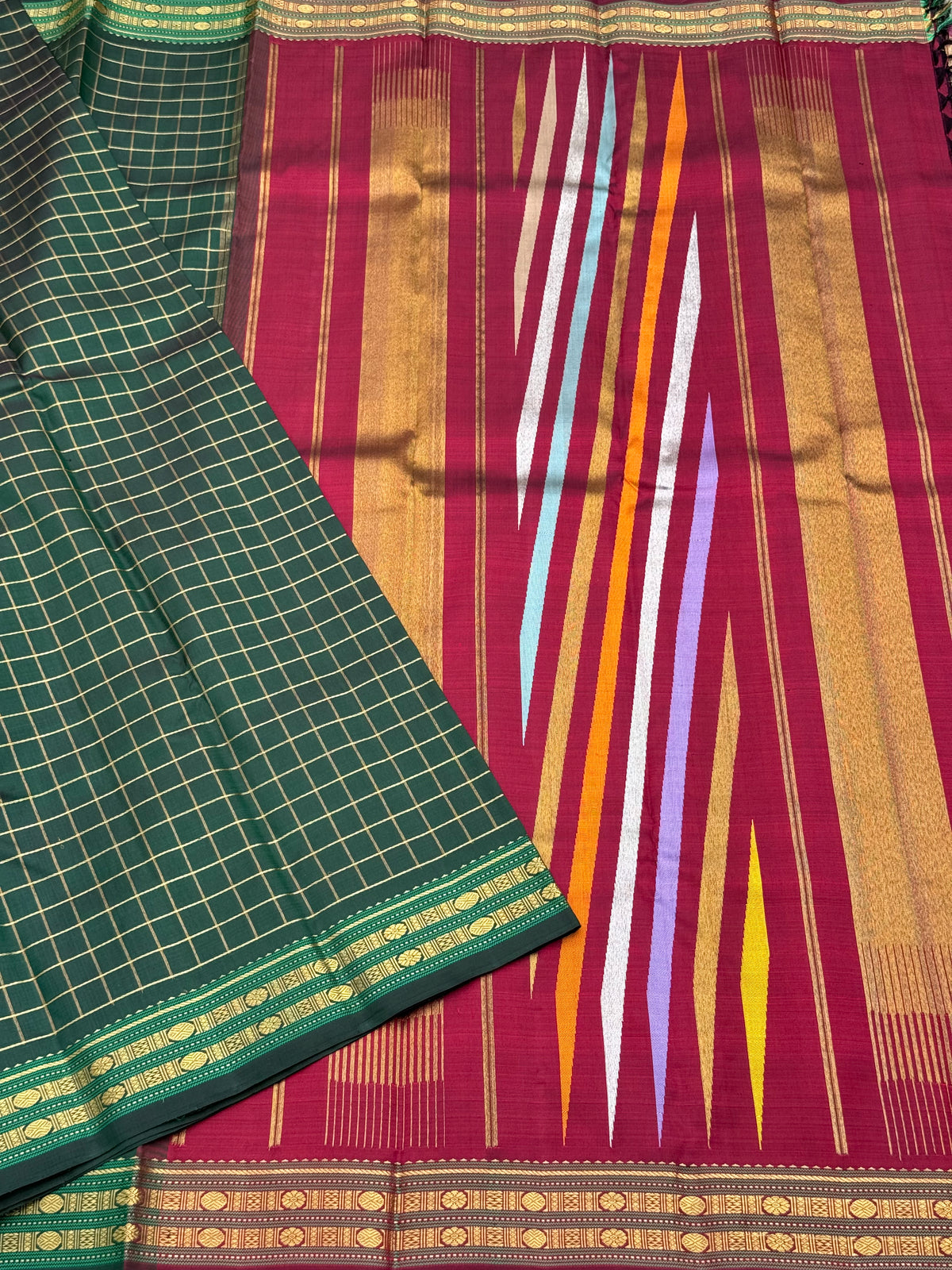 ATHIPUU Masterpiece korvai kanchivaram with A striking canvas featuring intricate Zari checks, Kairu, and Muthuseer motifs,  ettukol kanchivaram