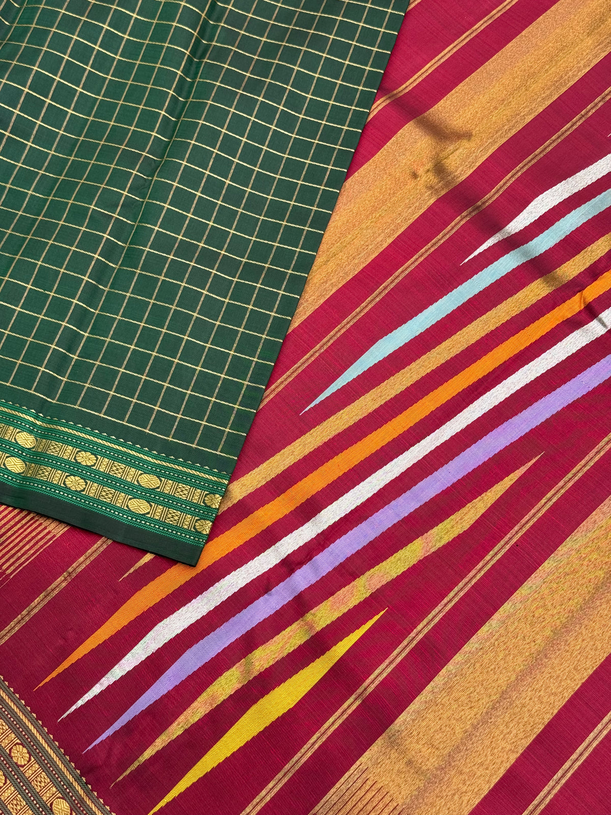 ATHIPUU Masterpiece korvai kanchivaram with A striking canvas featuring intricate Zari checks, Kairu, and Muthuseer motifs,  ettukol kanchivaram
