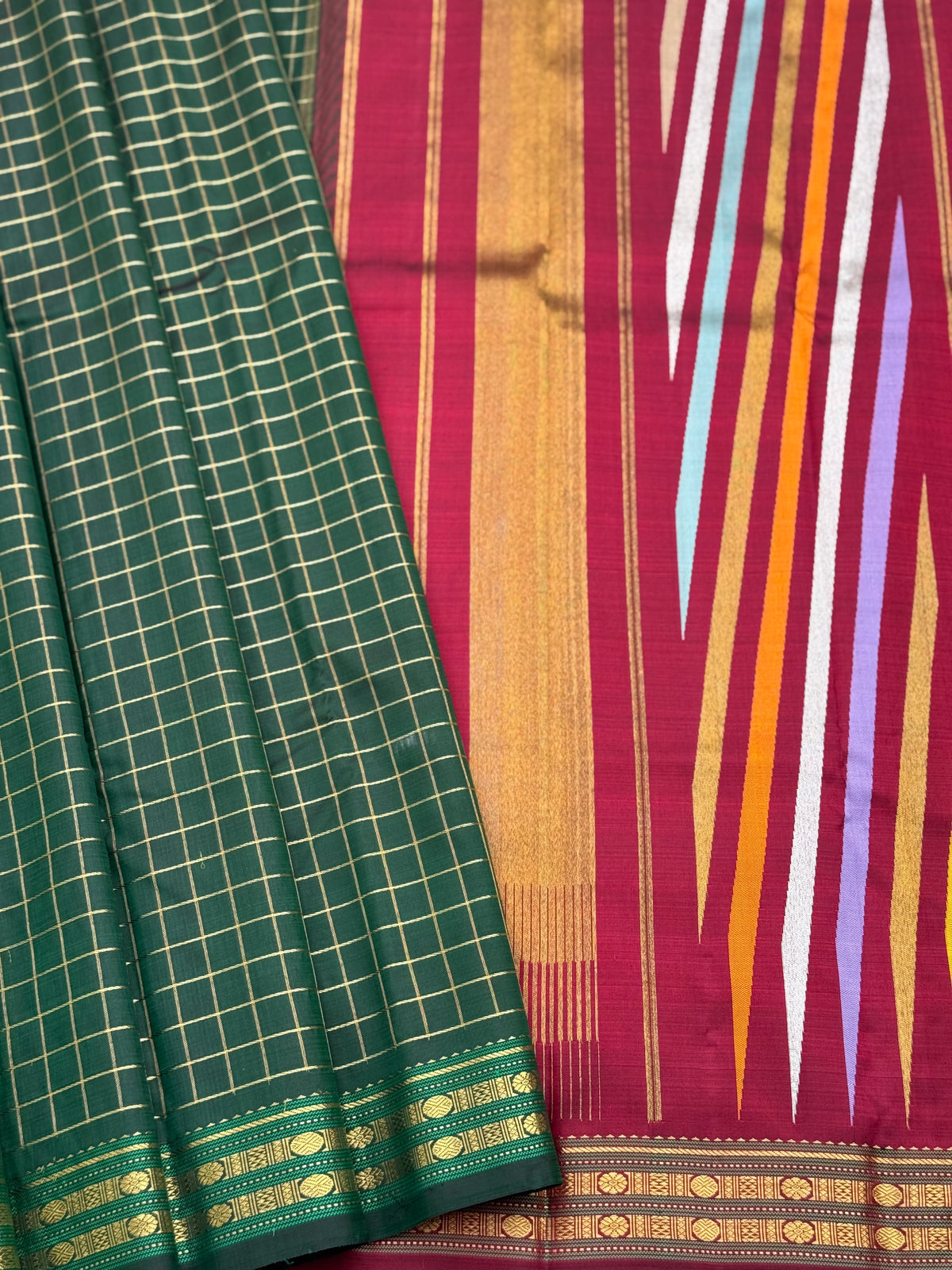ATHIPUU Masterpiece korvai kanchivaram with A striking canvas featuring intricate Zari checks, Kairu, and Muthuseer motifs,  ettukol kanchivaram