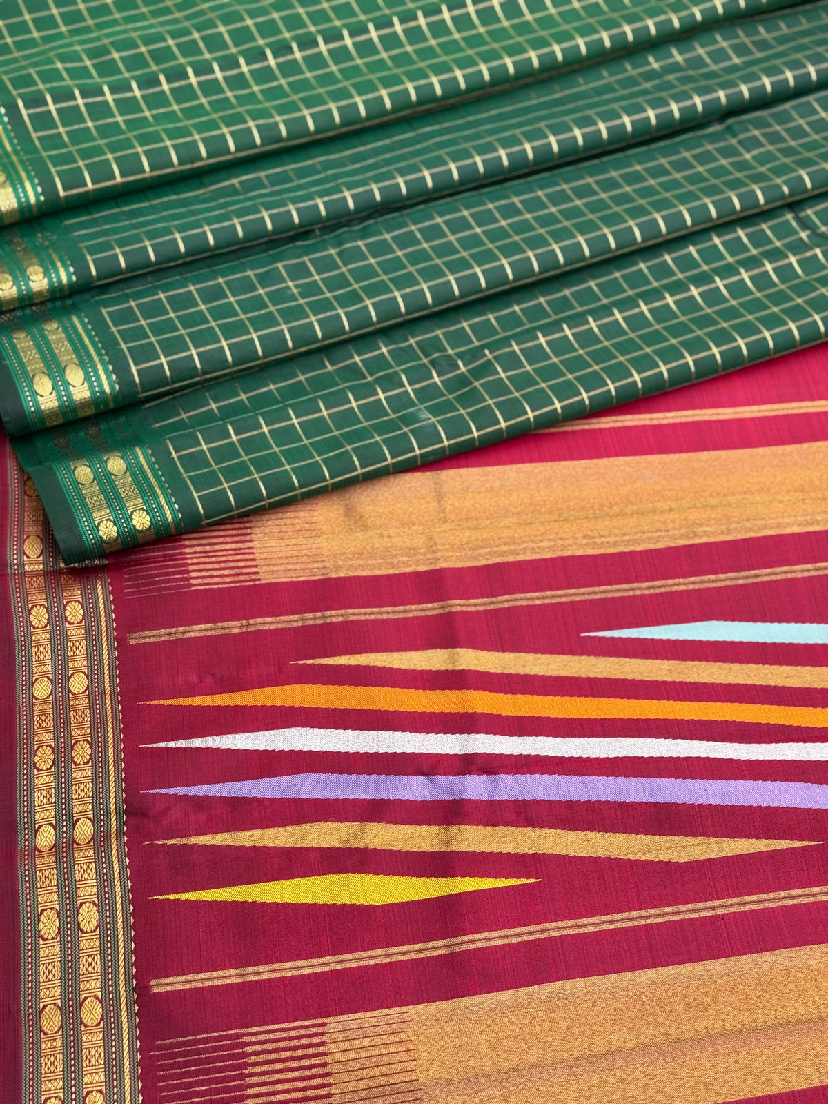 ATHIPUU Masterpiece korvai kanchivaram with A striking canvas featuring intricate Zari checks, Kairu, and Muthuseer motifs,  ettukol kanchivaram