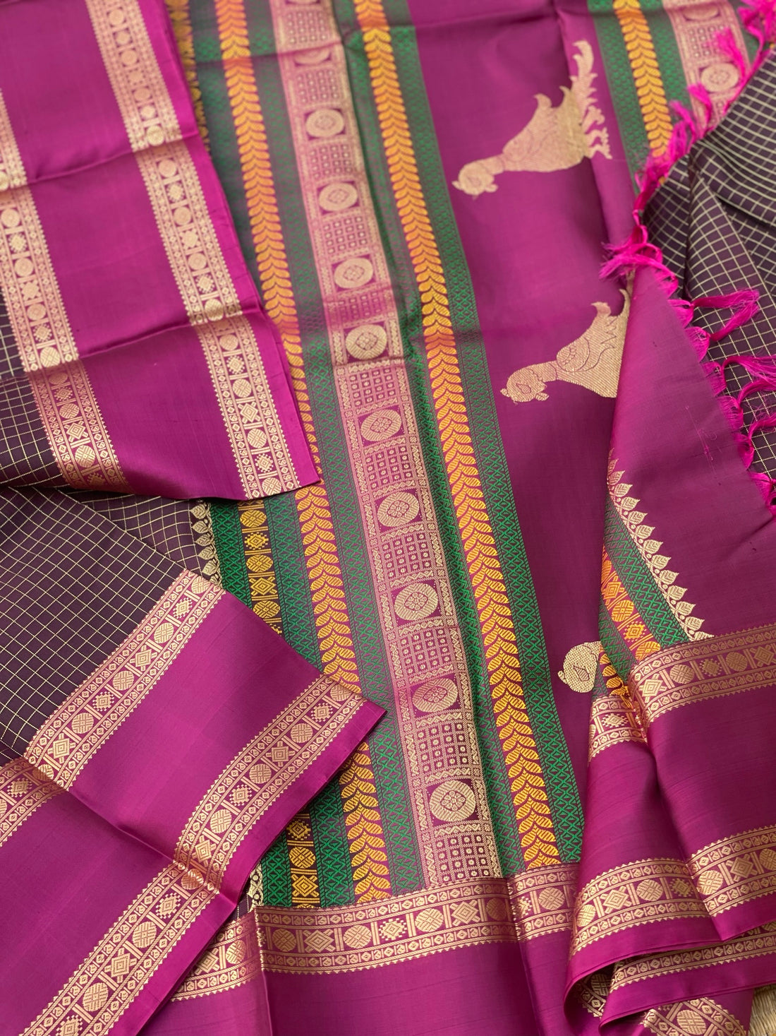 Threadwork Kanchivaram Silk Saree With Kalakshetra Kili Pallu And Rettapet Border