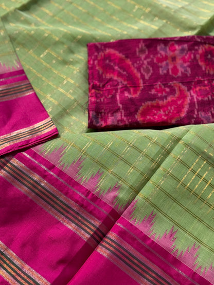 Handspun and handwoven ponduru Khadhi cotton saree with zari checks
