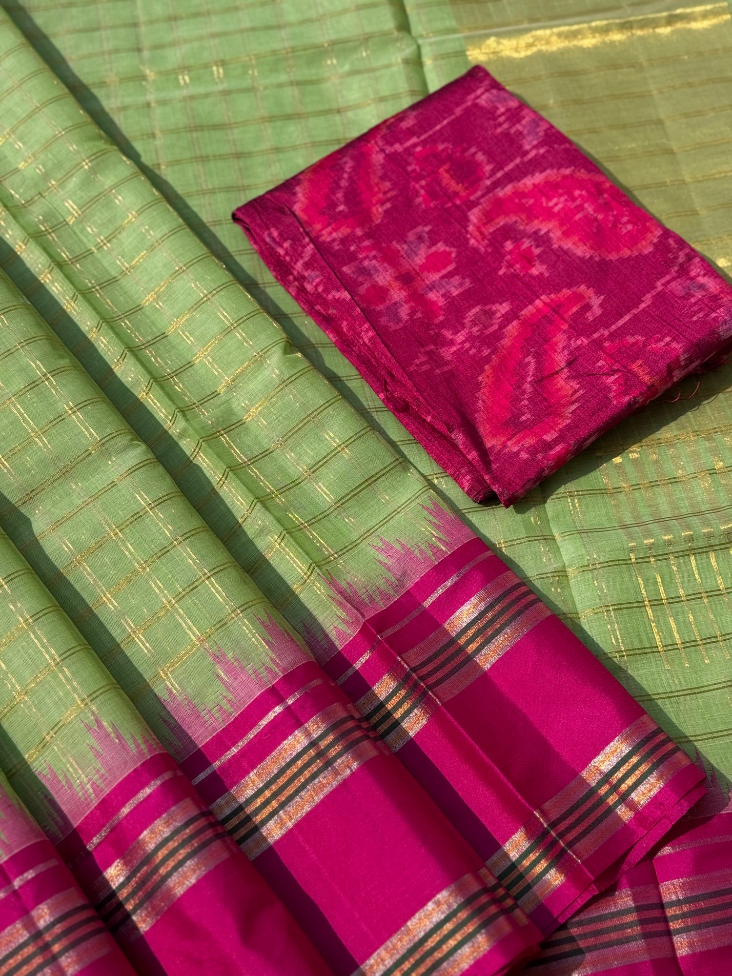 Handspun and handwoven ponduru Khadhi cotton saree with zari checks