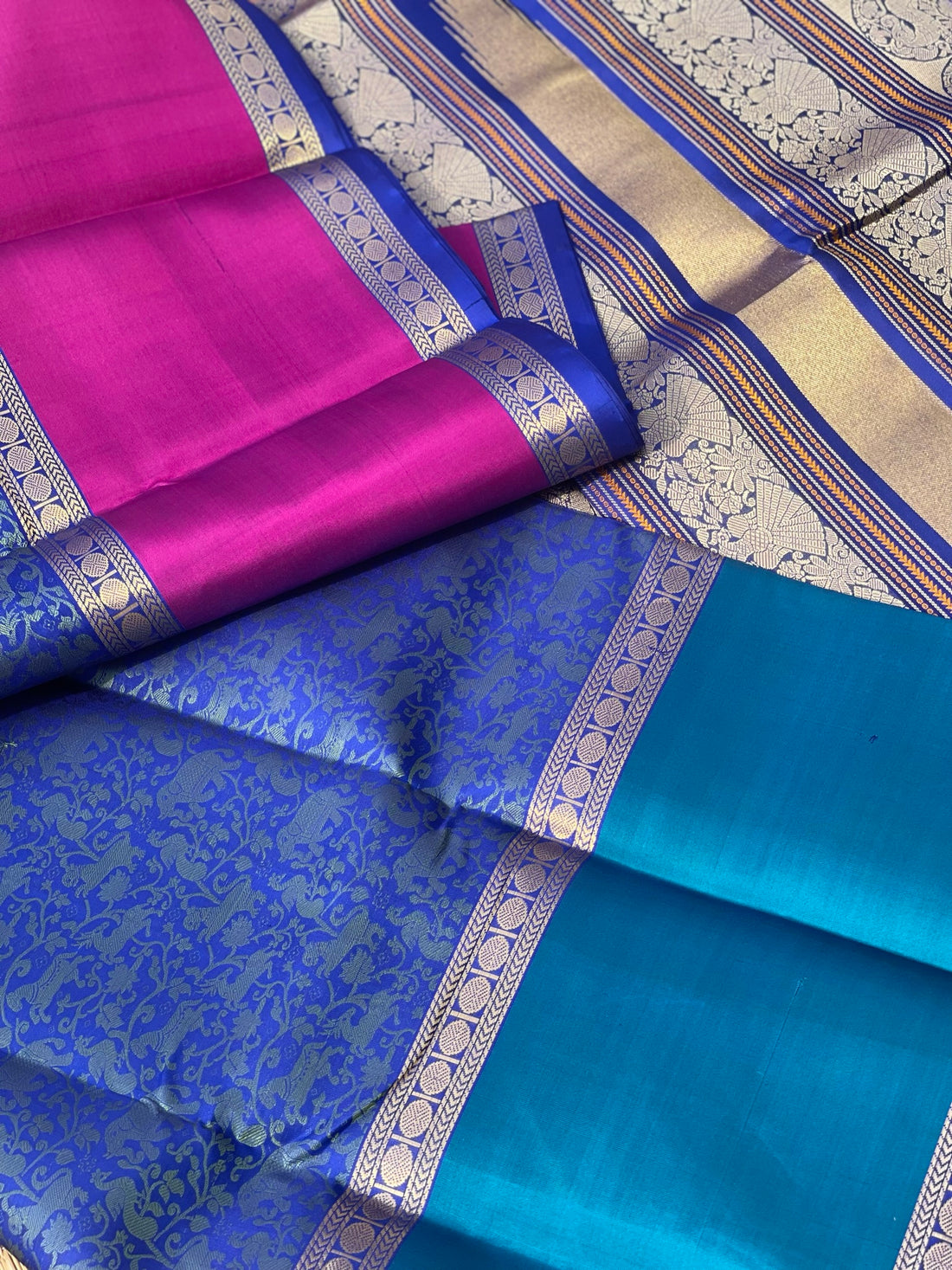 Threadwork Kanchivaram Silk Saree With Vanasingaram Ganga Jamuna Border