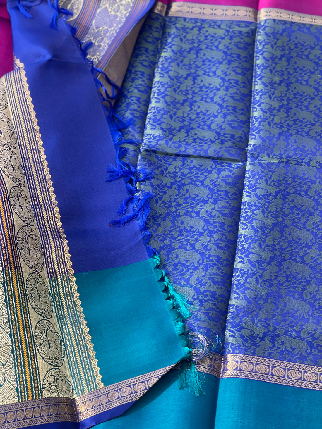 Threadwork Kanchivaram Silk Saree With Vanasingaram Ganga Jamuna Border