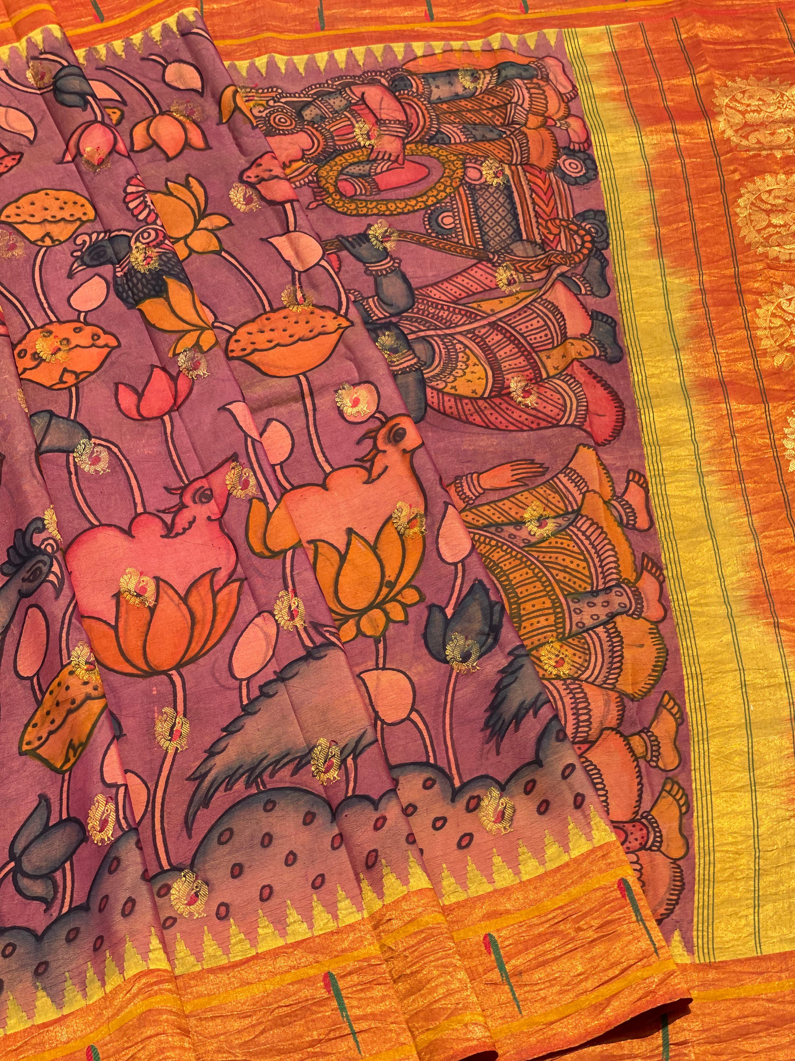 HandDrawn And Hand Painted Penkalamkari In pastel lavender Paithani Silk Saree with single Muniya border