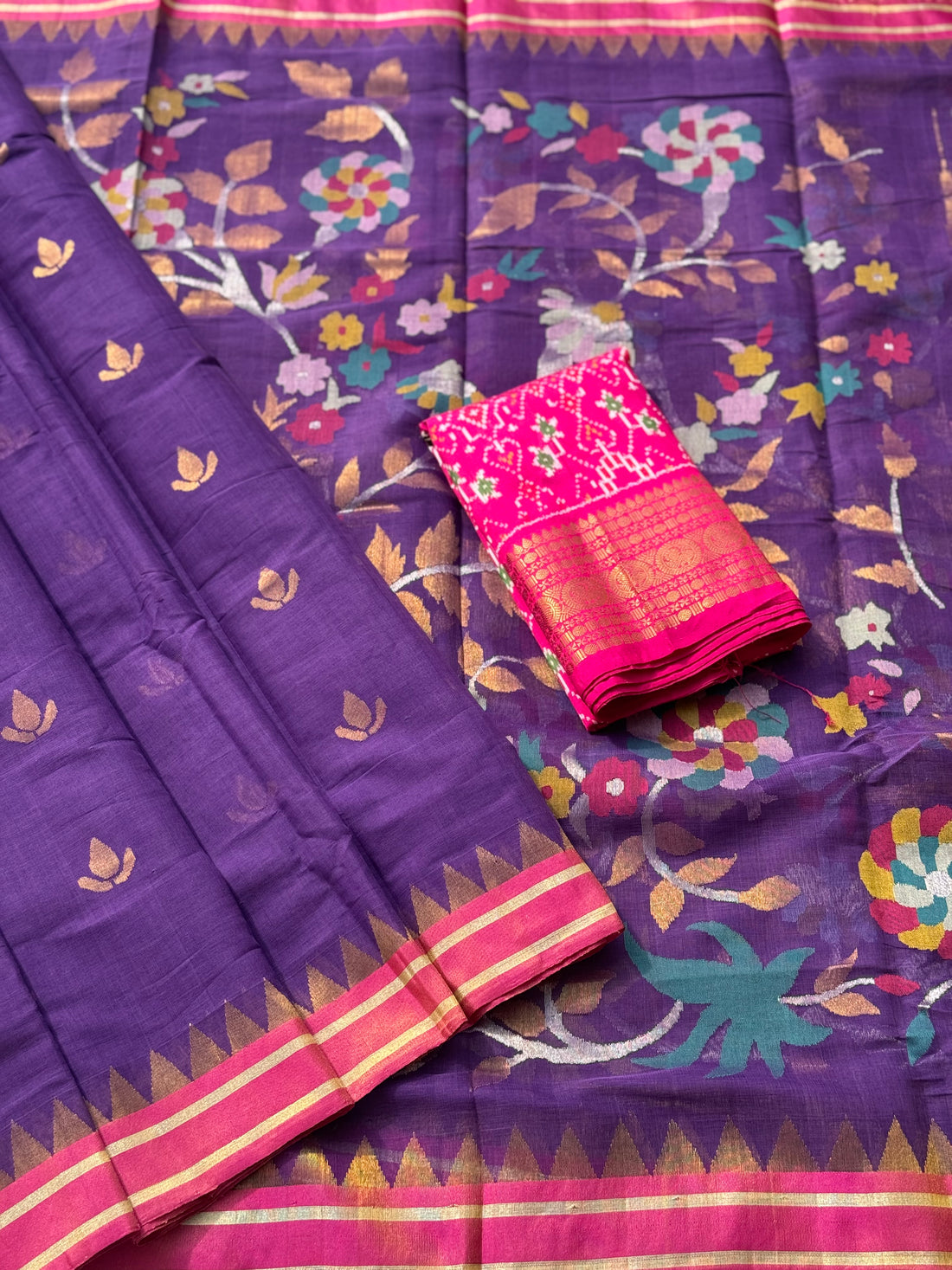 Handspun Ponduru Khadi Jaal Jamdani Saree in purple shade with pallu and blouse full jaal