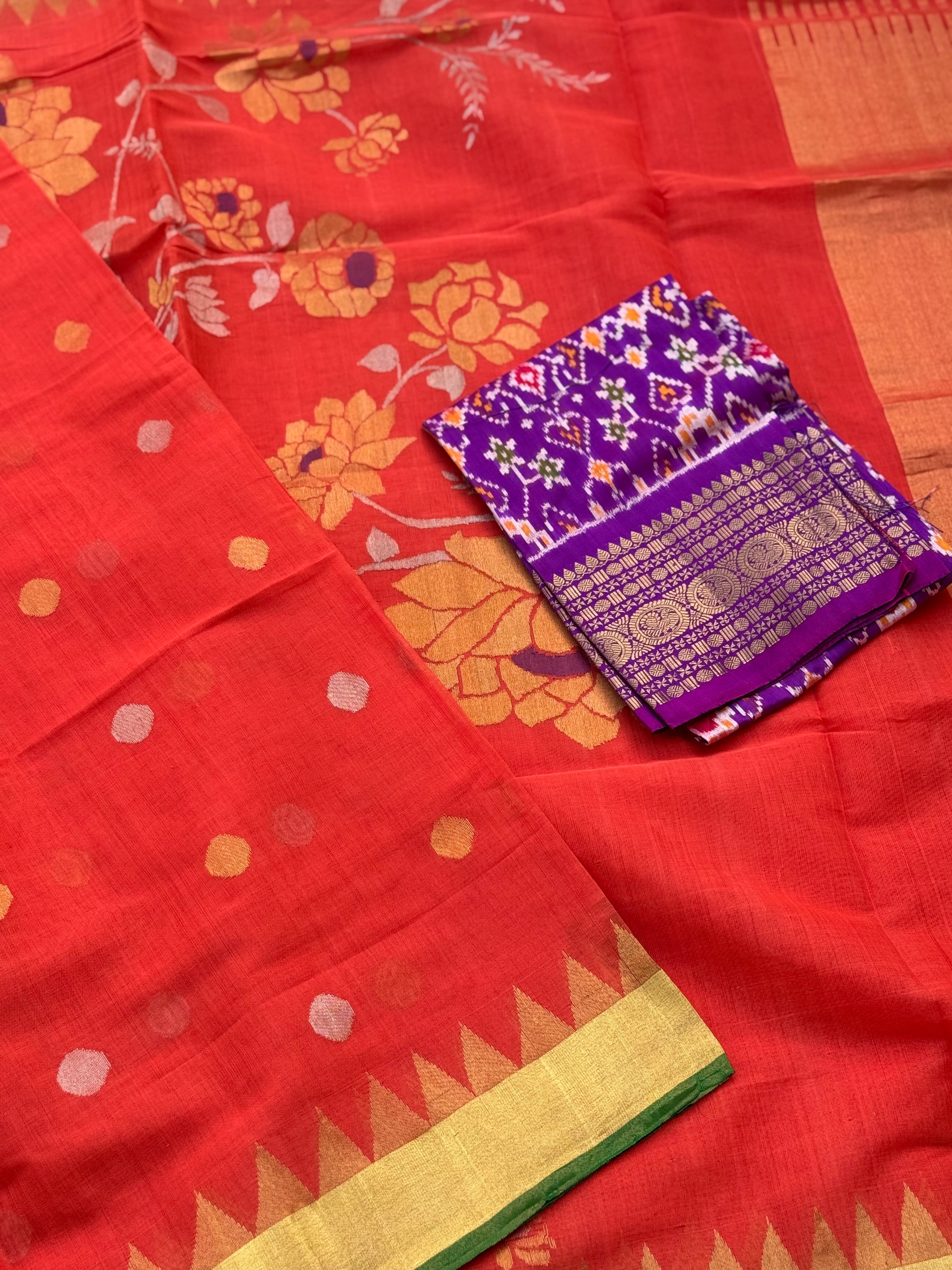 A gorgeous handspun ponduru Khadhi jamdani cotton saree in burnt orange