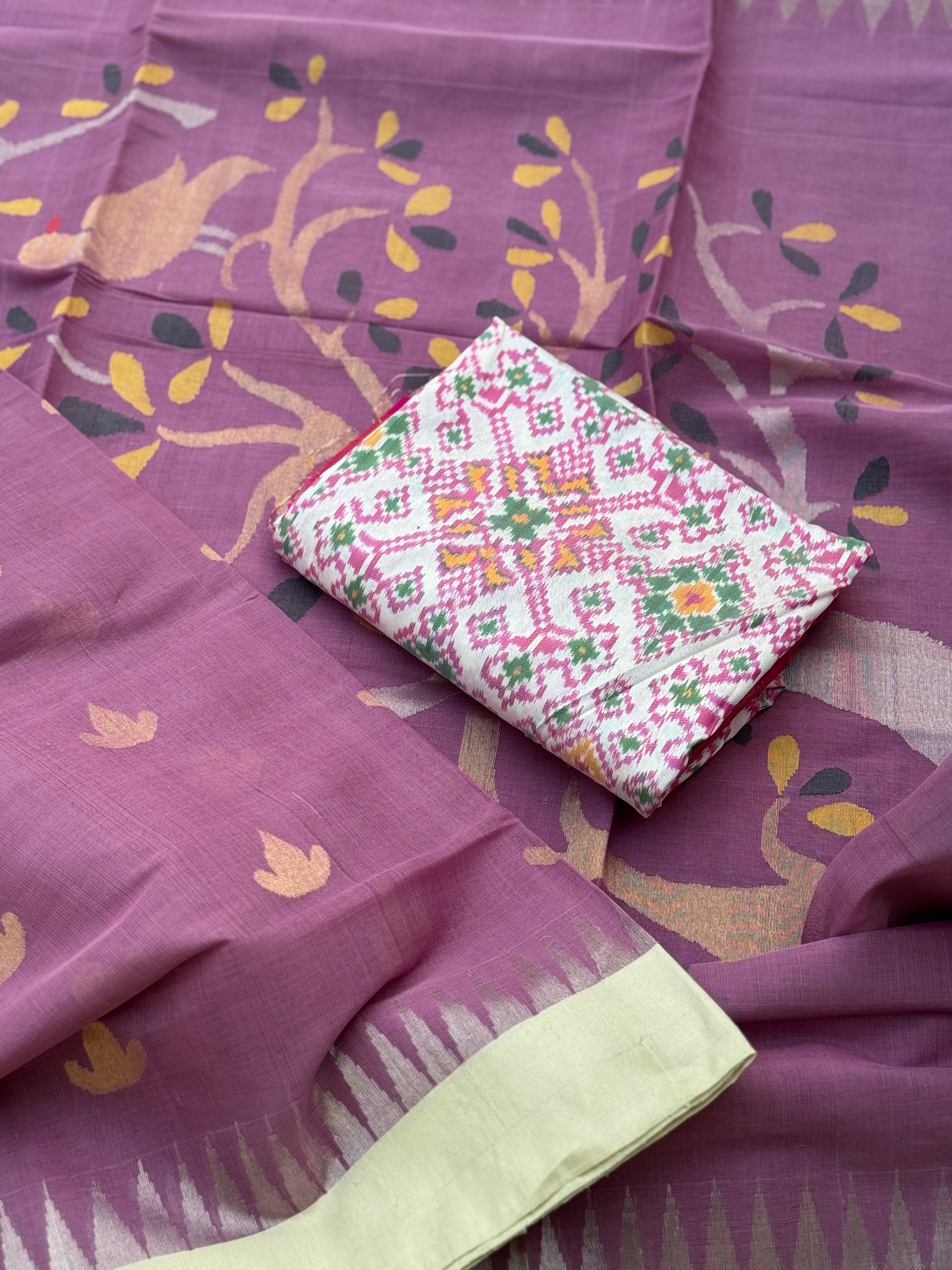 Handspun Ponduru Khadi Jaal Jamdani Saree in mauve purple