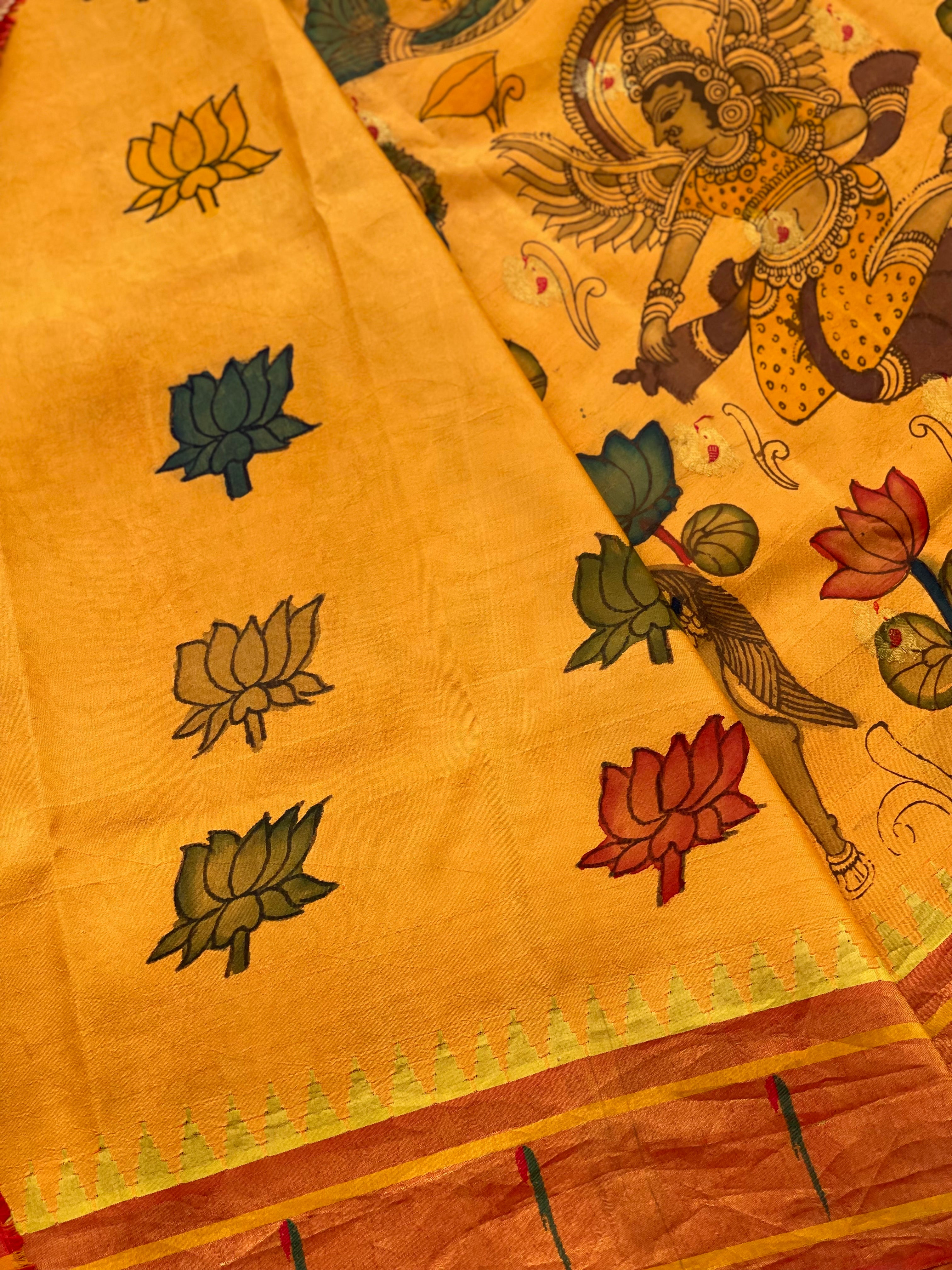 Handdrawn And HandPainted Penkalamkari In pastel yellow Paithani Silk Saree