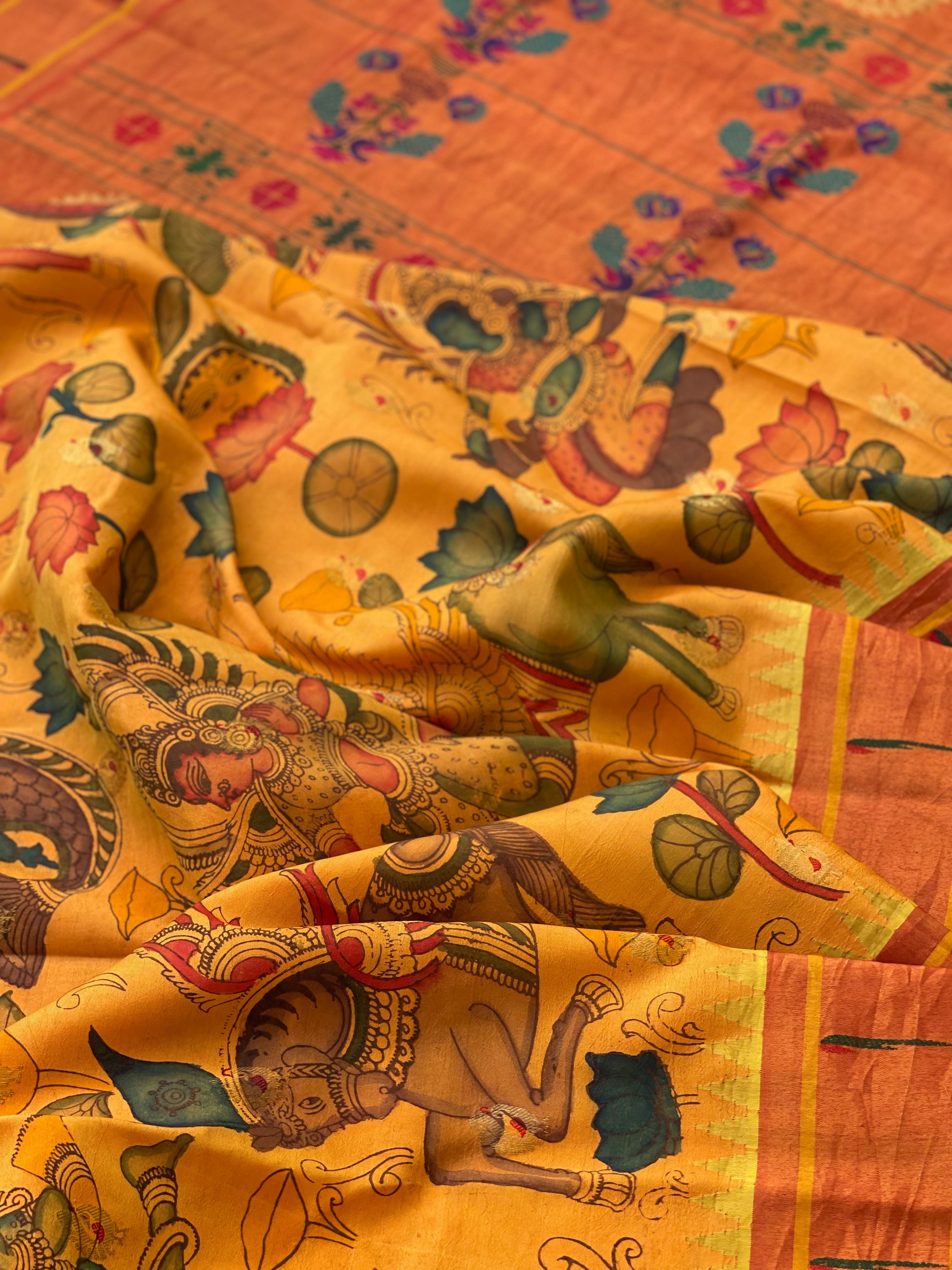 Handdrawn And HandPainted Penkalamkari In pastel yellow Paithani Silk Saree