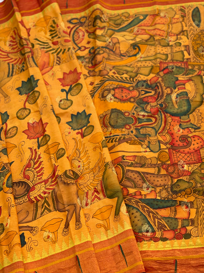 Handdrawn And HandPainted Penkalamkari In pastel yellow Paithani Silk Saree