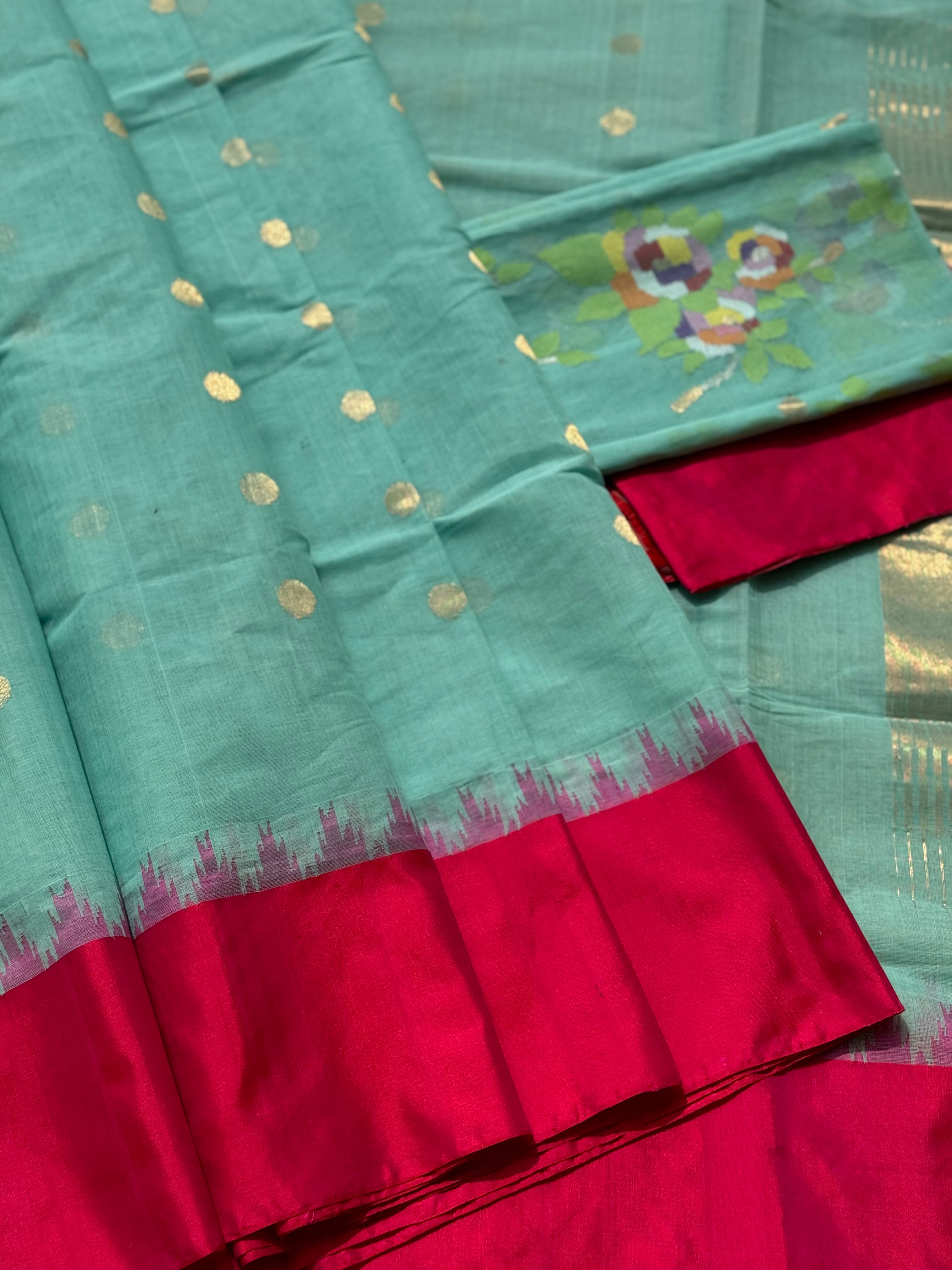 cyan green Ponduru Khadi blouse jaal Jamdani Saree