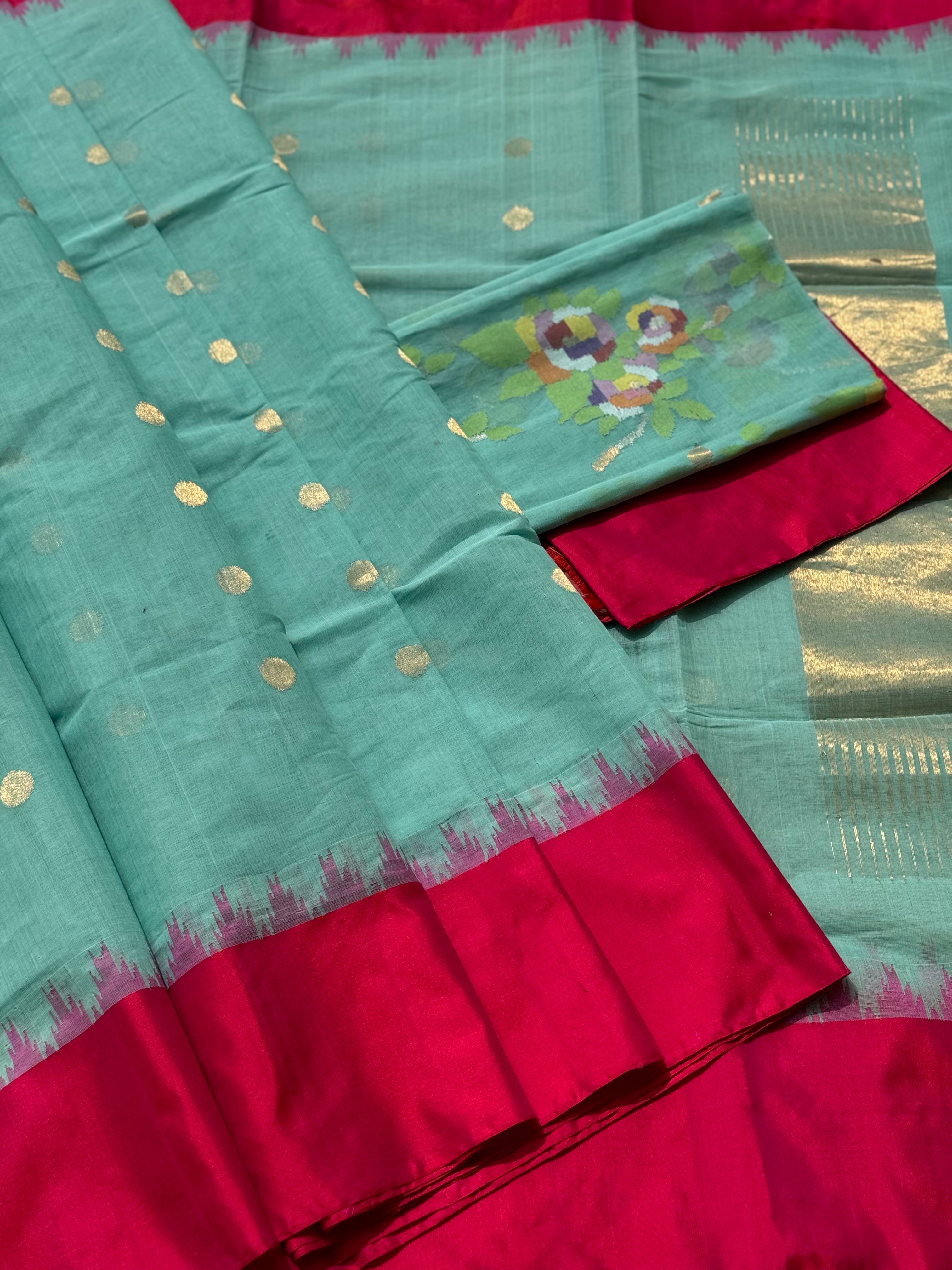 cyan green Ponduru Khadi blouse jaal Jamdani Saree