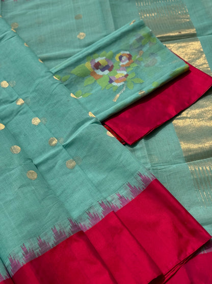 cyan green Ponduru Khadi blouse jaal Jamdani Saree