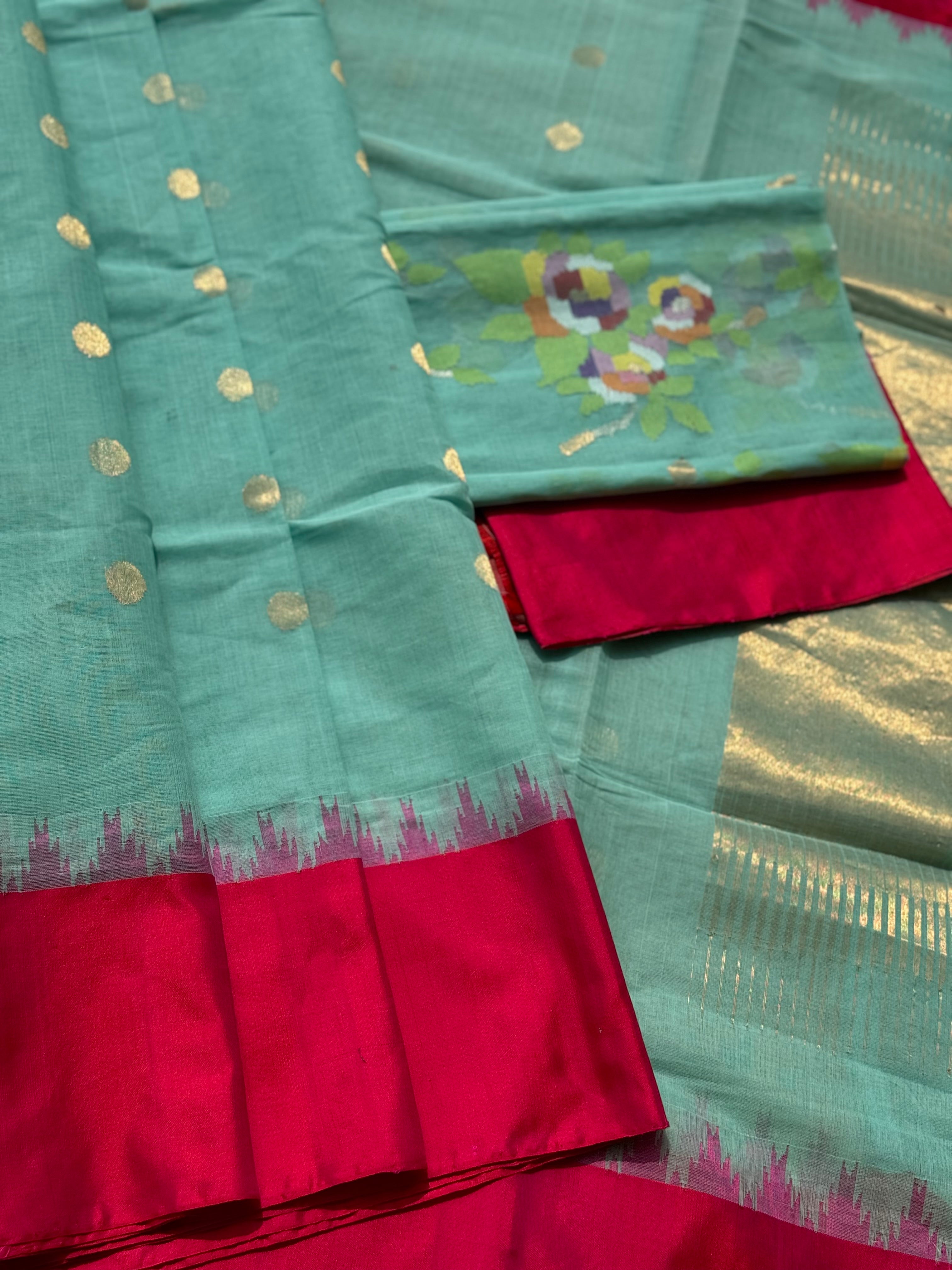 cyan green Ponduru Khadi blouse jaal Jamdani Saree