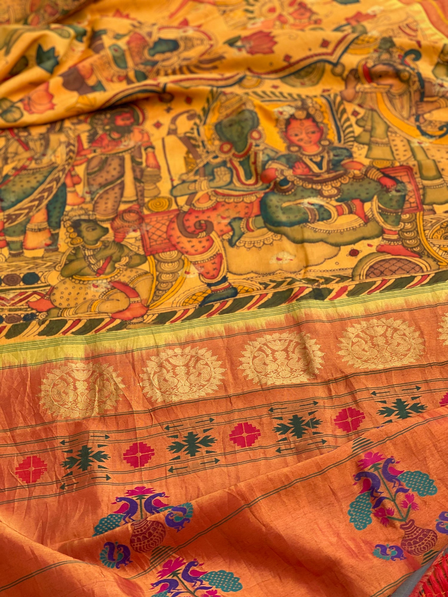 Handdrawn And HandPainted Penkalamkari In pastel yellow Paithani Silk Saree