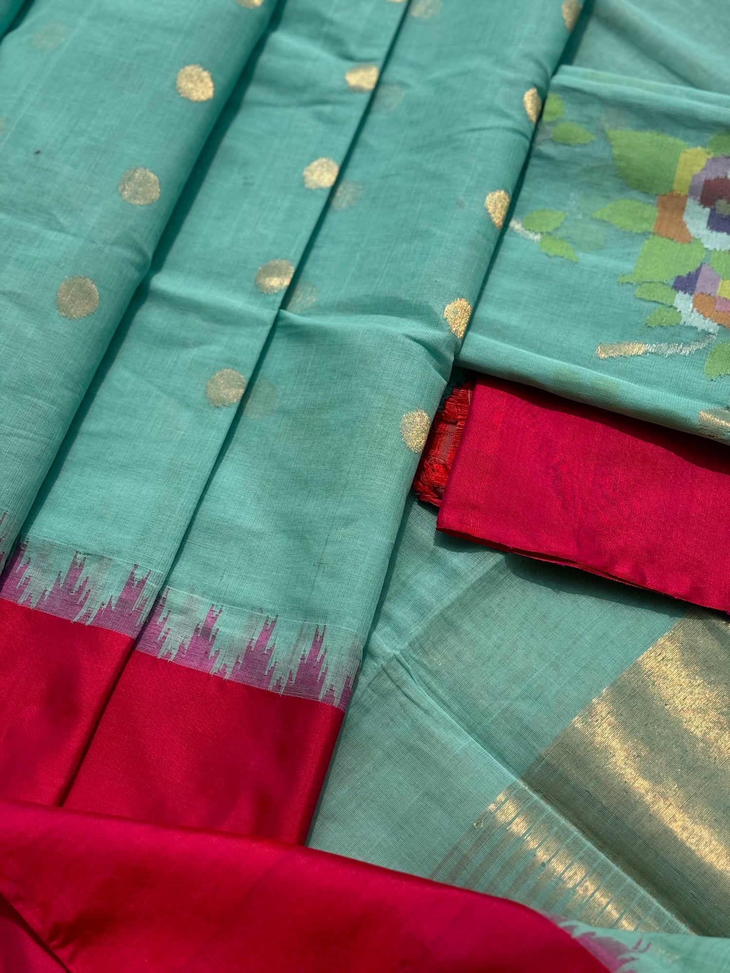 cyan green Ponduru Khadi blouse jaal Jamdani Saree