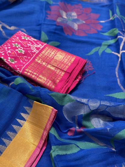 A gorgeous Royal blue with pink colour all over jaal weave organic handwoven ponduru Khadhi cotton Jamdani saree