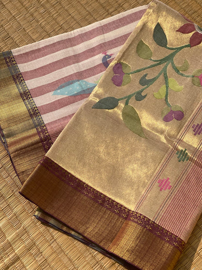 Paithani Cotton Saree With Zaristripes Body Tissue Paithani Pallu Kadiyal Border Saree