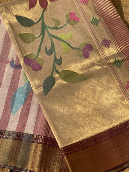 Paithani Cotton Saree With Zaristripes Body Tissue Paithani Pallu Kadiyal Border Saree