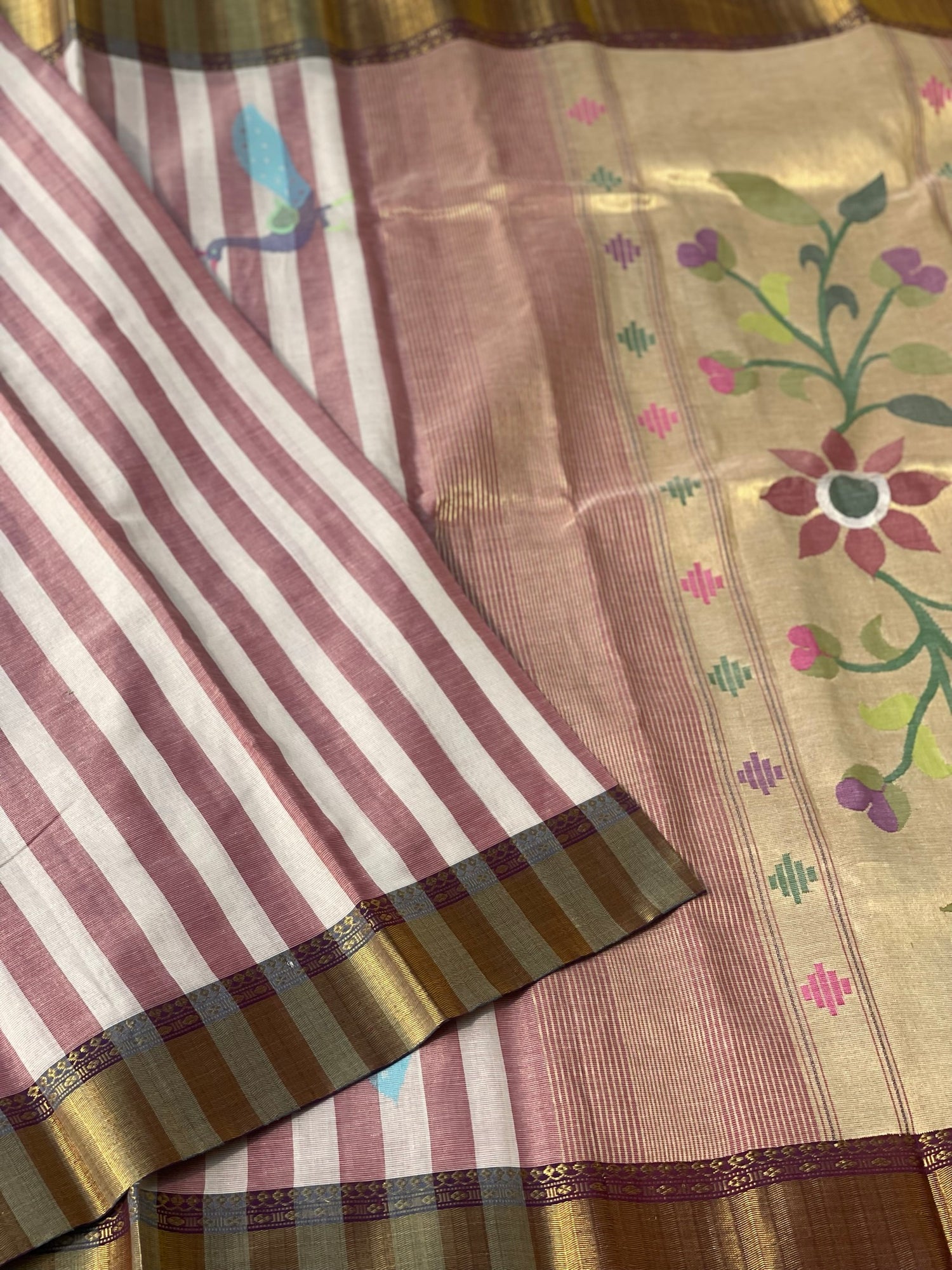 Paithani Cotton Saree With Zaristripes Body Tissue Paithani Pallu Kadiyal Border Saree