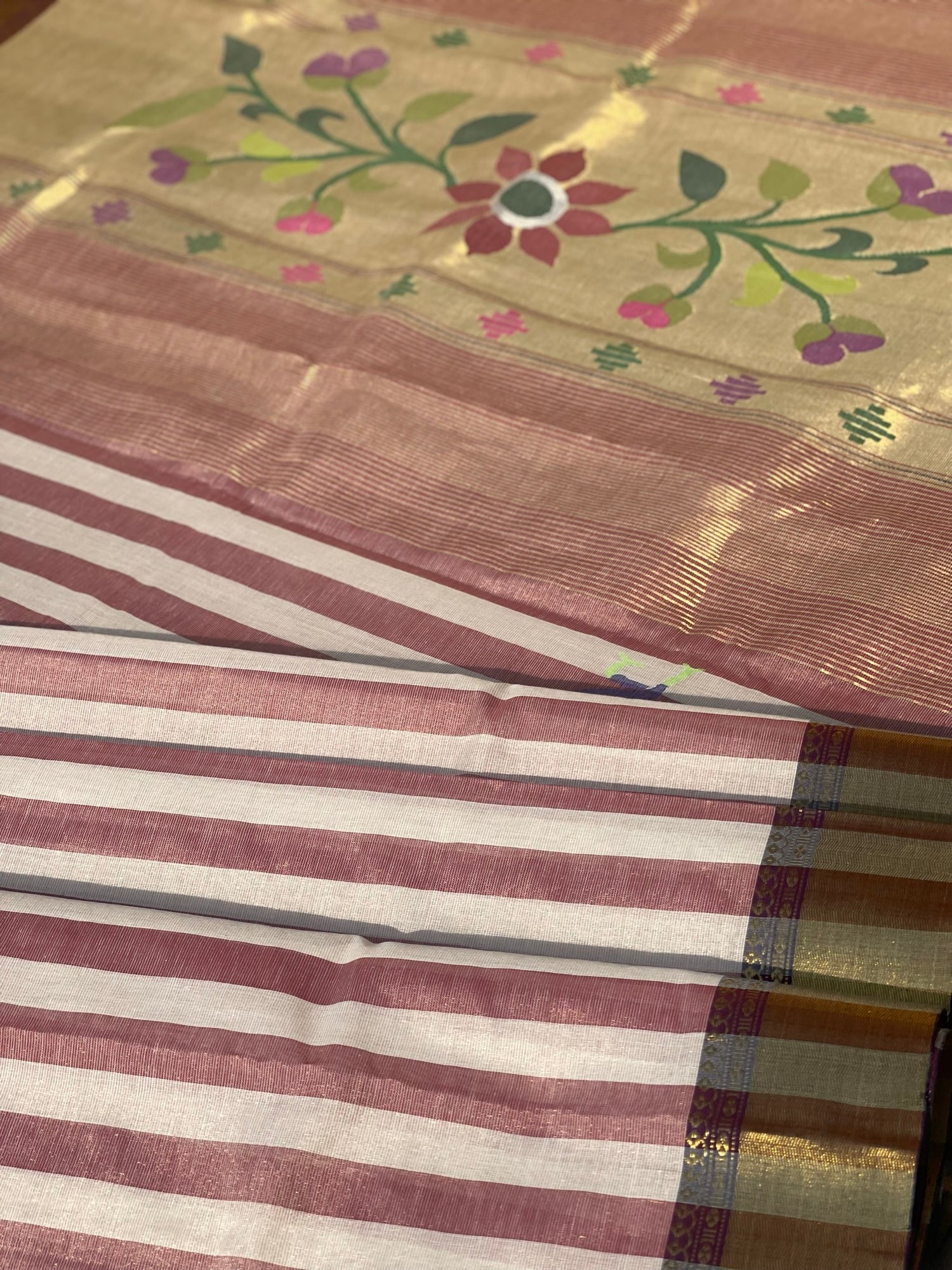 Paithani Cotton Saree With Zaristripes Body Tissue Paithani Pallu Kadiyal Border Saree