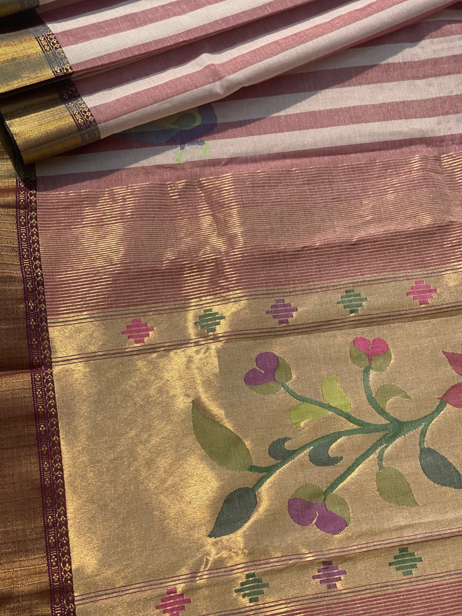 Paithani Cotton Saree With Zaristripes Body Tissue Paithani Pallu Kadiyal Border Saree