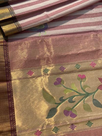 Paithani Cotton Saree With Zaristripes Body Tissue Paithani Pallu Kadiyal Border Saree