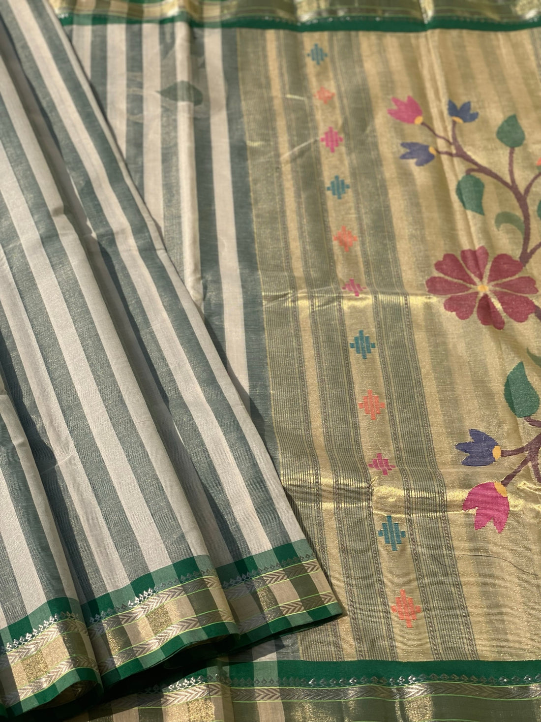 Paithani Cotton Saree With Zaristripes Body Tissue Paithani Pallu Kadiyal Border Saree