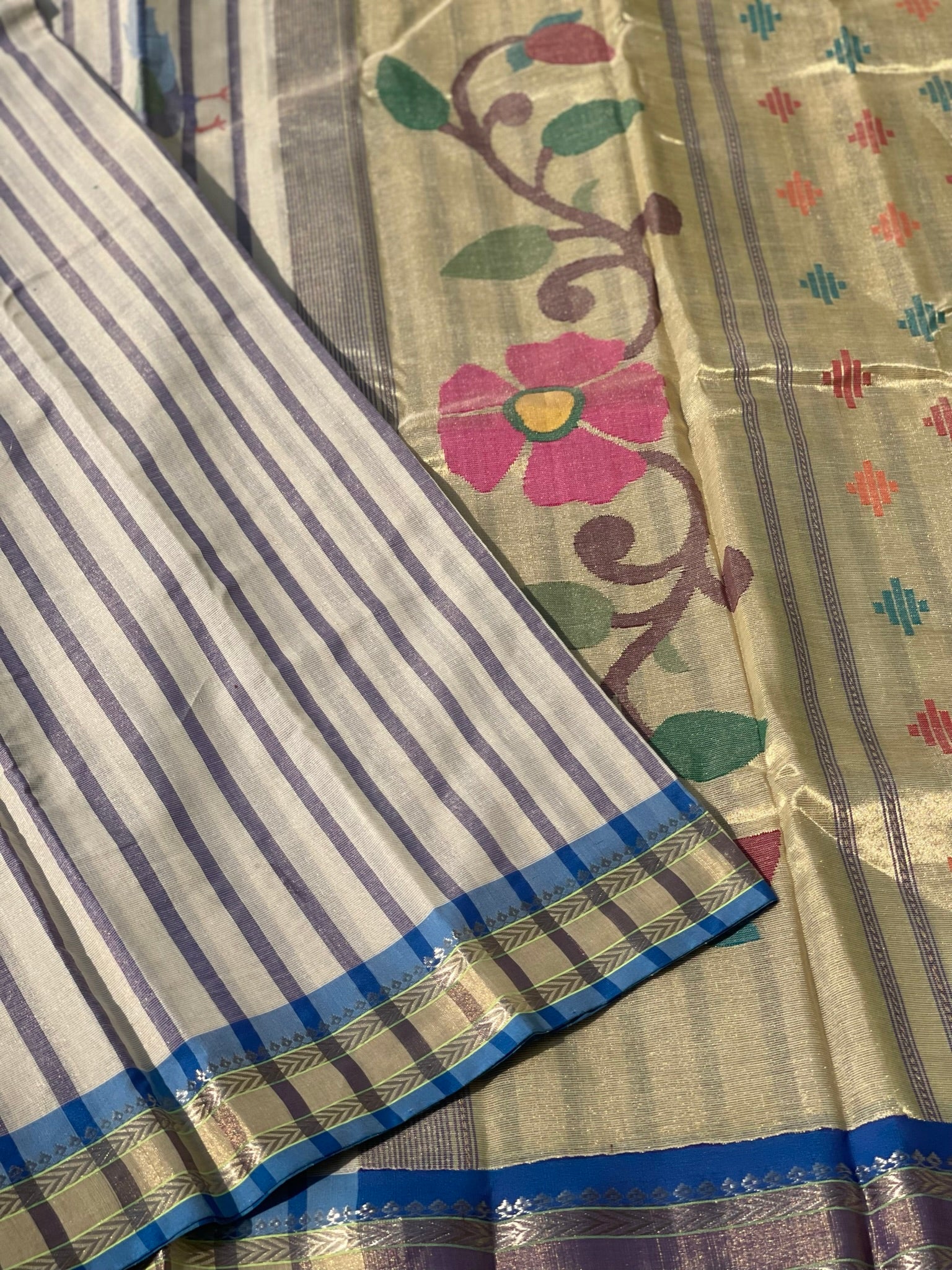 Paithani Cotton Saree With Zaristripes Body Tissue Paithani Pallu Kadiyal Border Saree