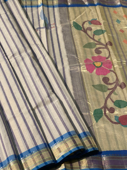 Paithani Cotton Saree With Zaristripes Body Tissue Paithani Pallu Kadiyal Border Saree