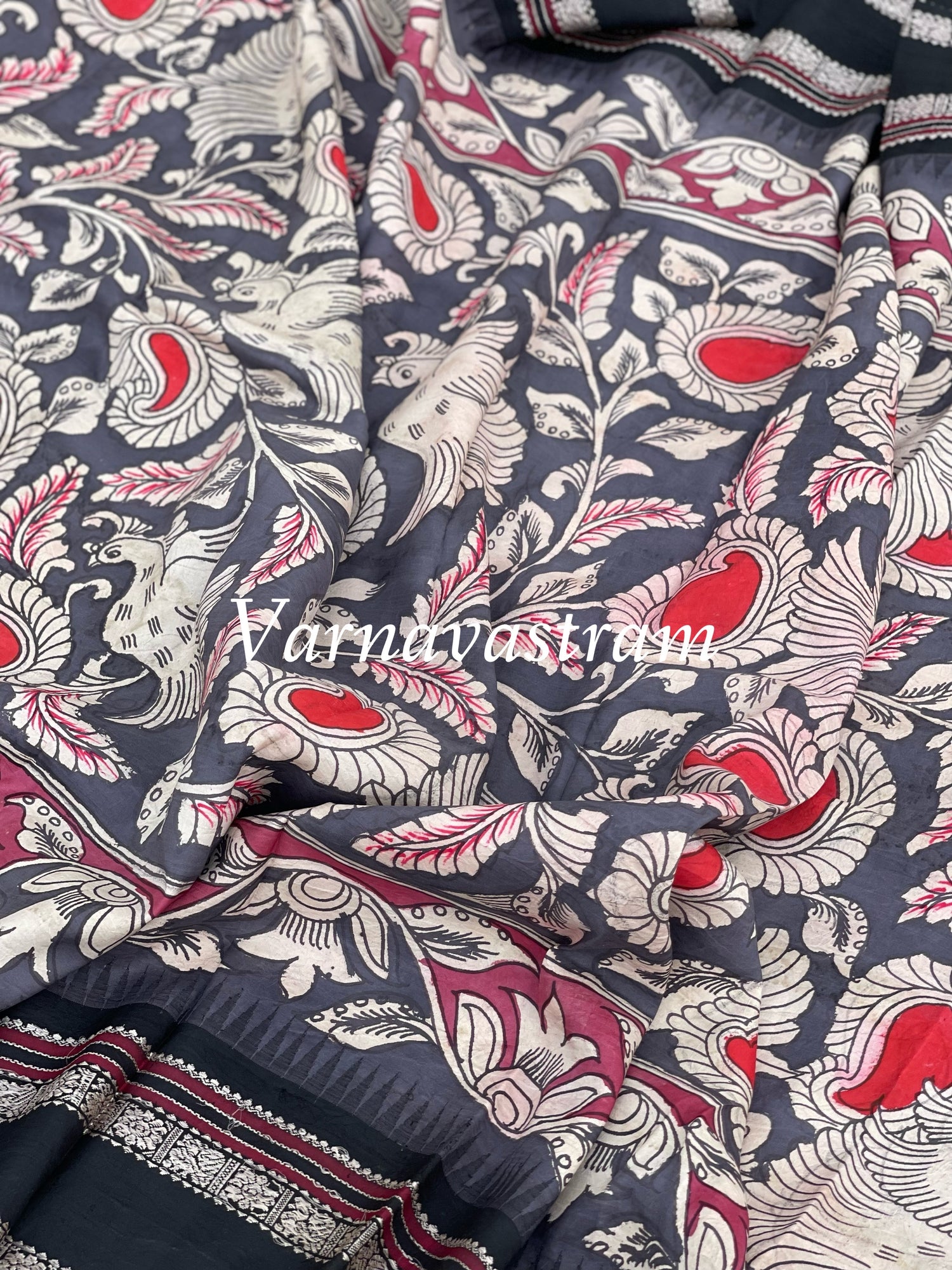 Handdrawn and Handpainted penkalamkari  korvai threadwork kanchivaram silk saree