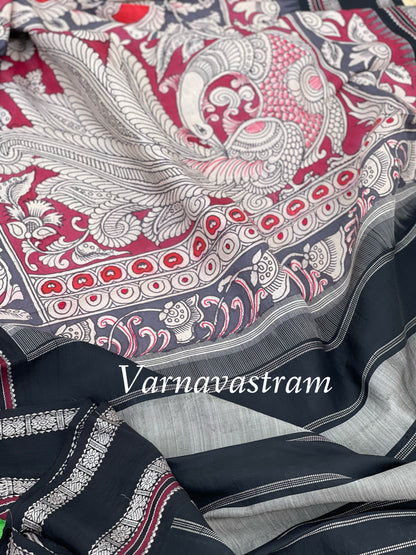 Handdrawn and Handpainted penkalamkari  korvai threadwork kanchivaram silk saree