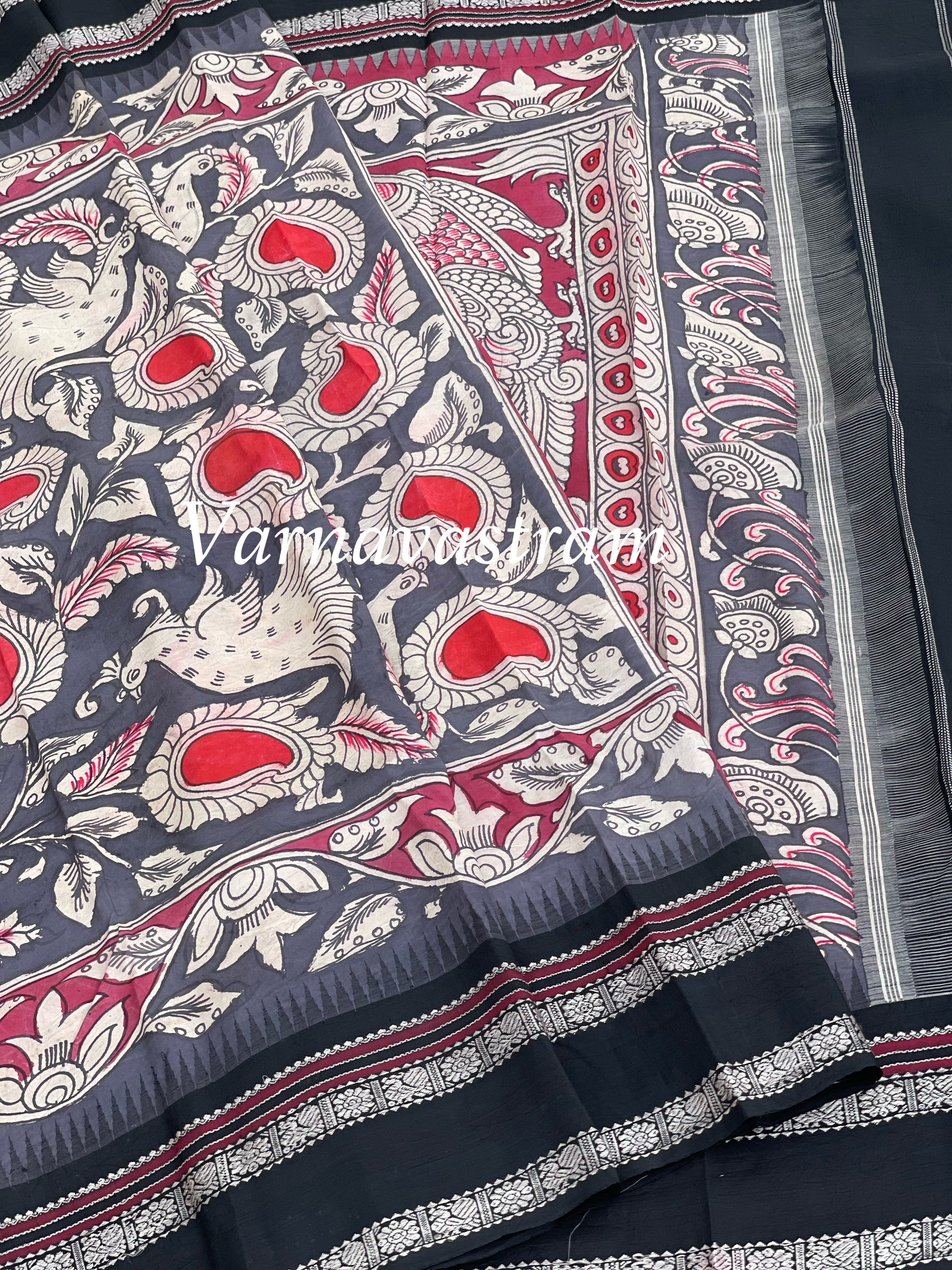 Handdrawn and Handpainted penkalamkari  korvai threadwork kanchivaram silk saree