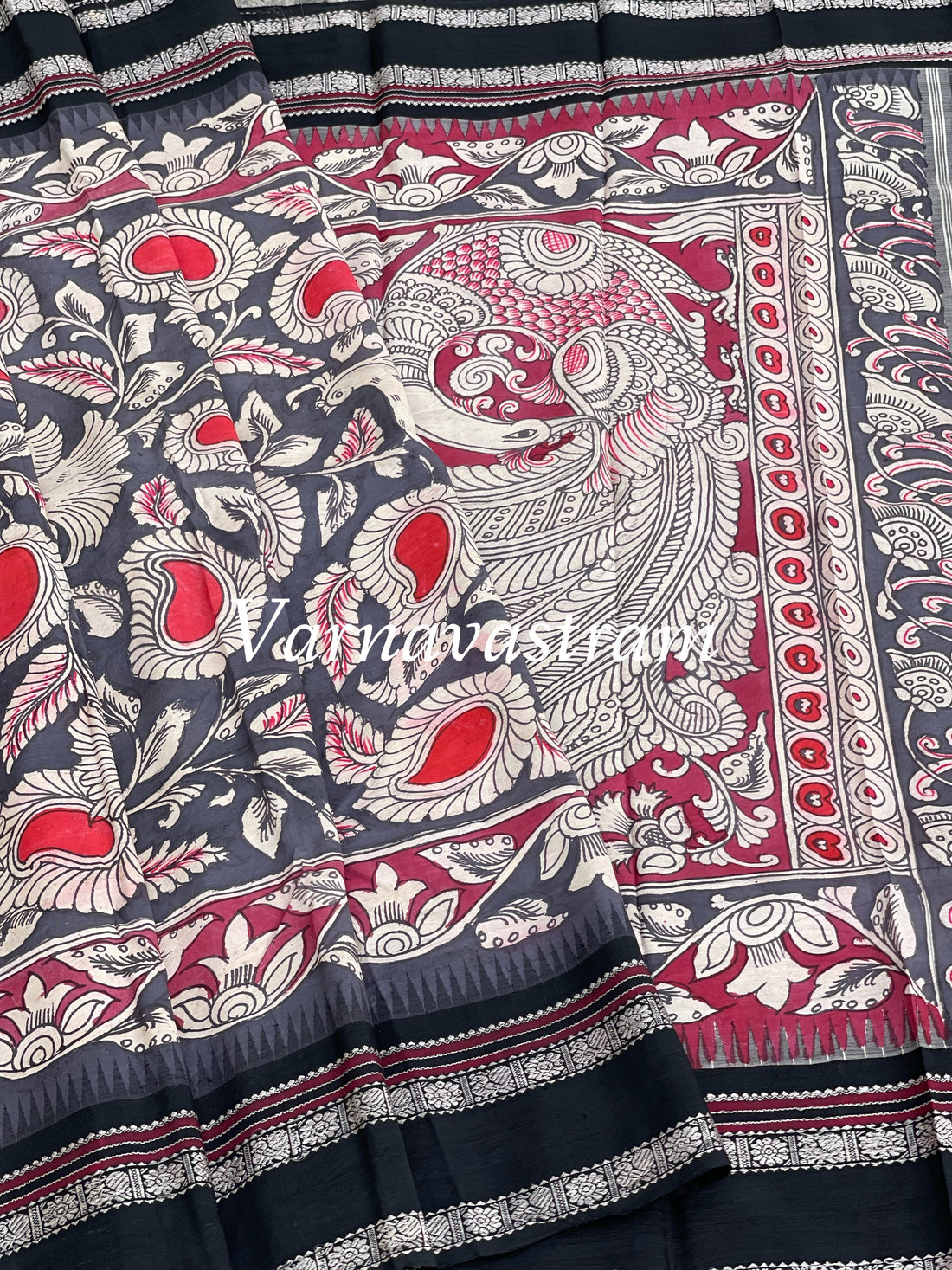 Handdrawn and Handpainted penkalamkari korvai threadwork kanchivaram silk saree