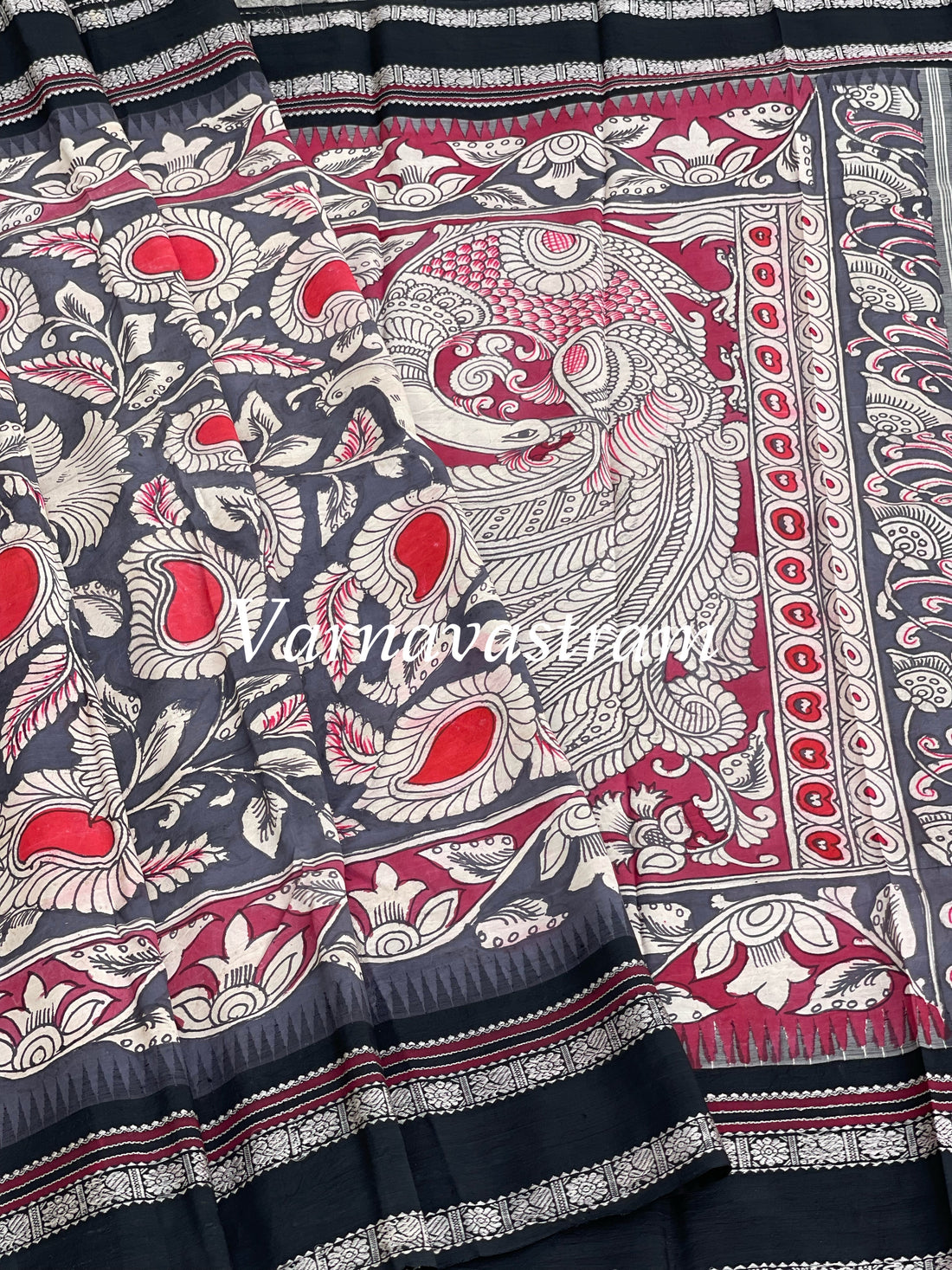Handdrawn and Handpainted penkalamkari  korvai threadwork kanchivaram silk saree