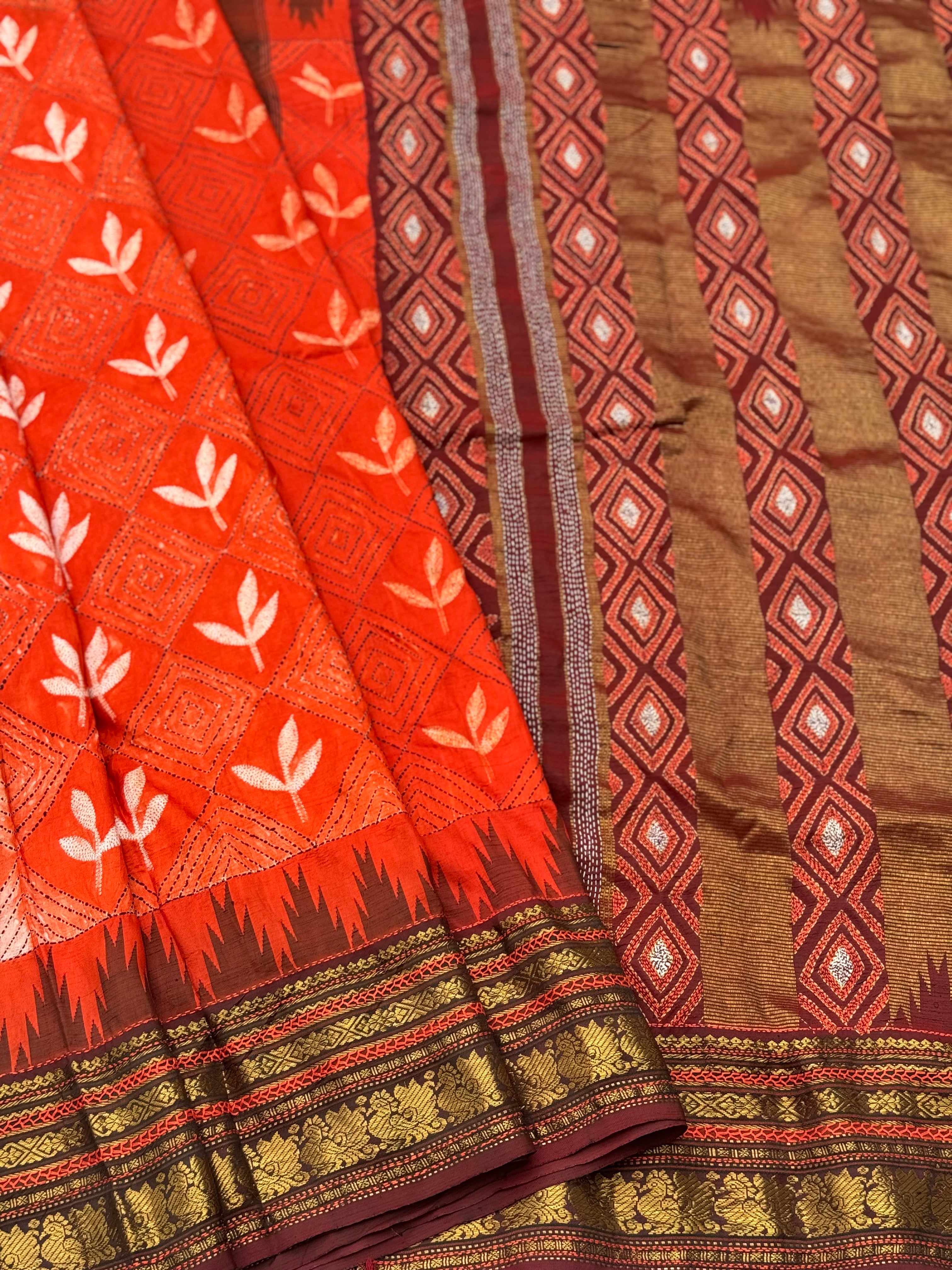 Tangerine Orange shade NUI Shibori korvai kanchivaram silk with Katha work