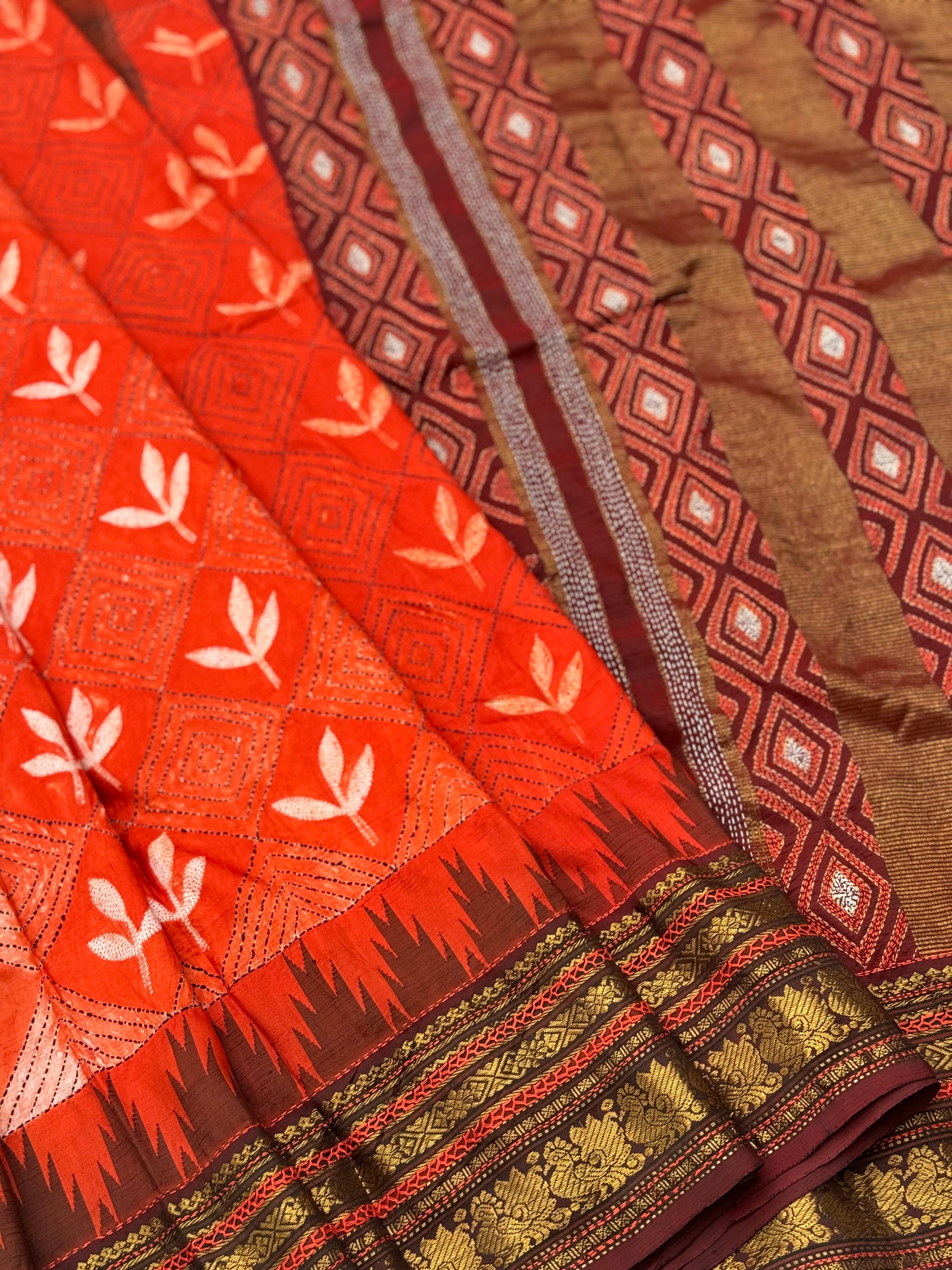 Tangerine Orange shade NUI Shibori korvai kanchivaram silk with Katha work